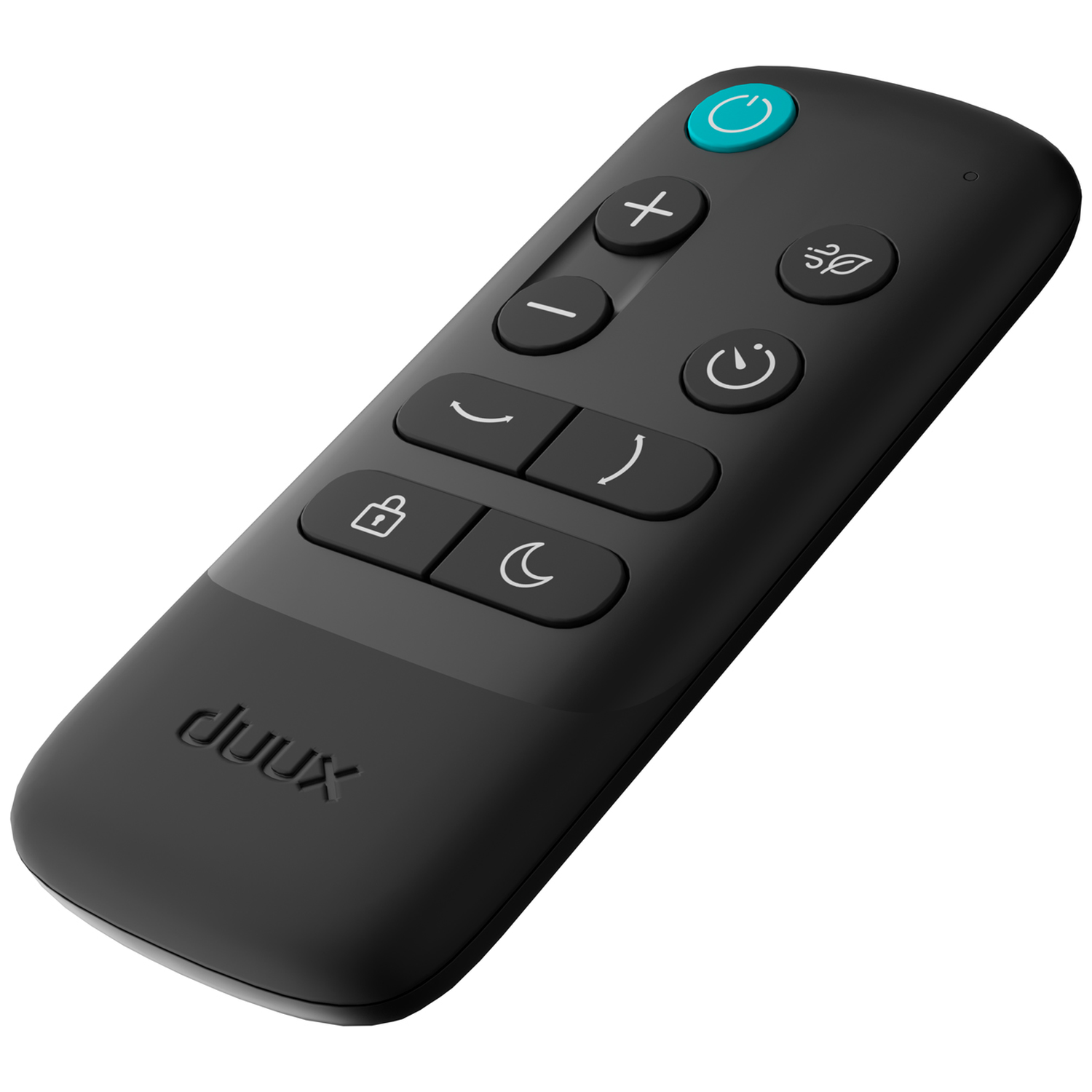 A black remote control with blue and white icons for power, volume, fan, and lock.