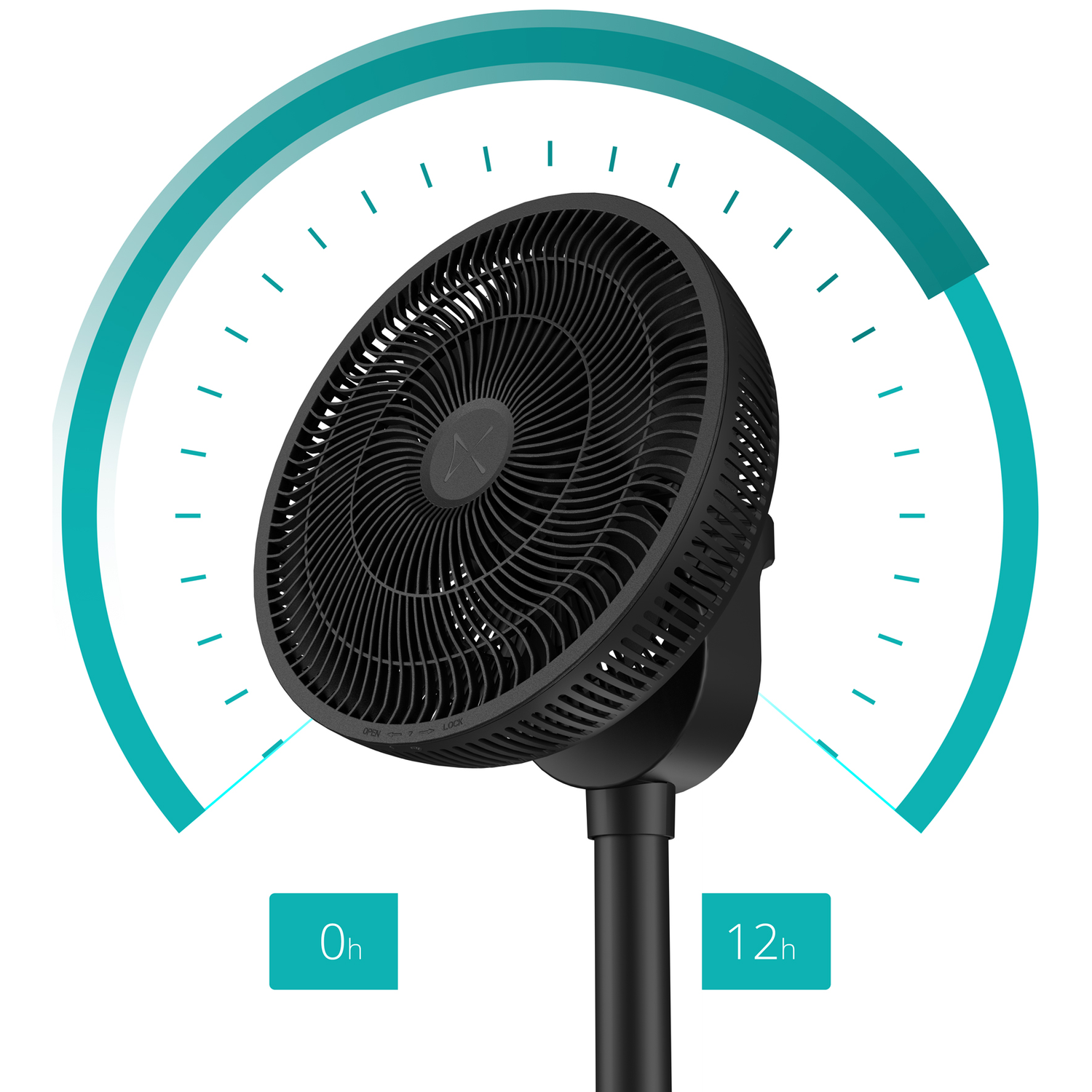 Black fan with 0h and 12h timer display. Isolated on white background.