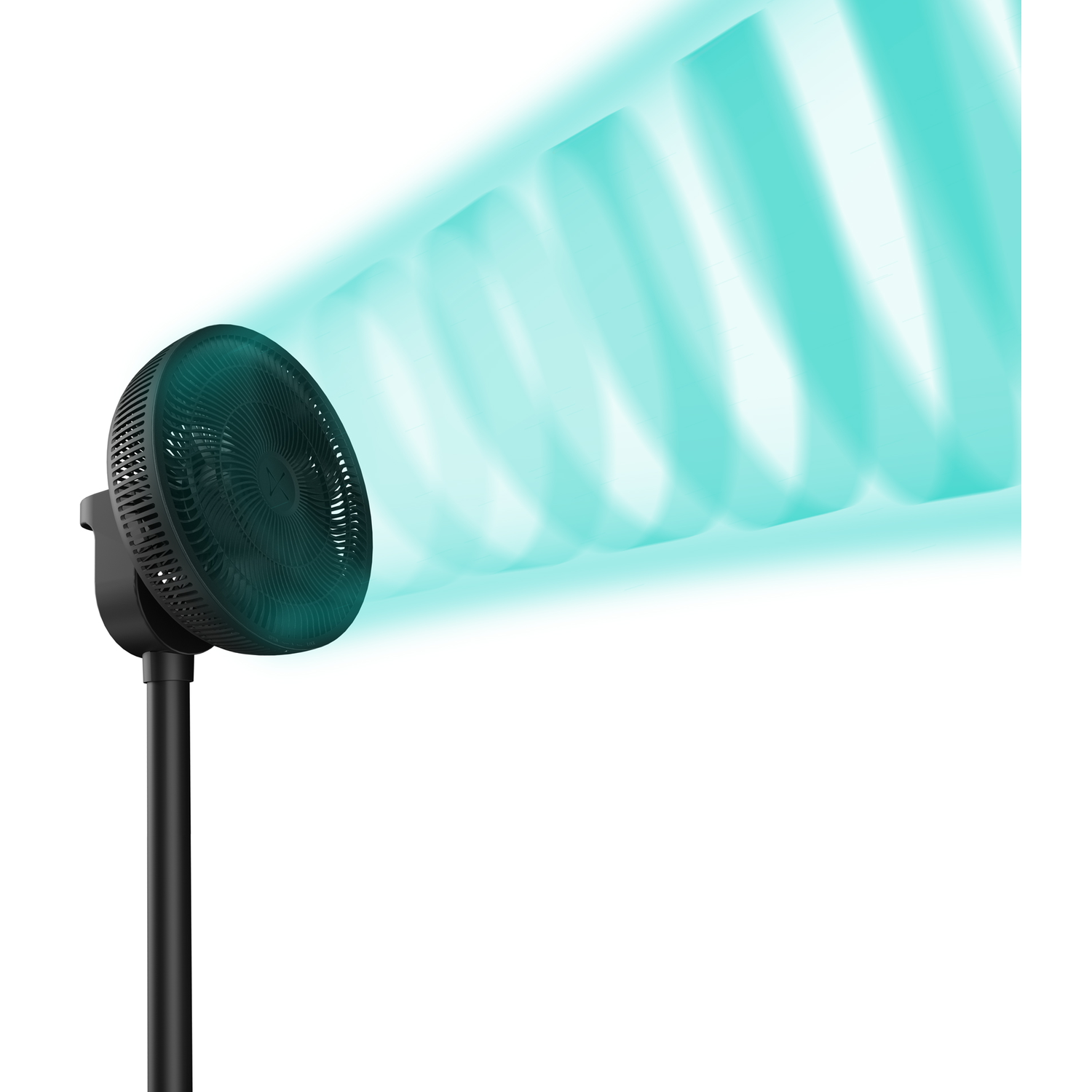 Black standing fan with teal air flow effects.