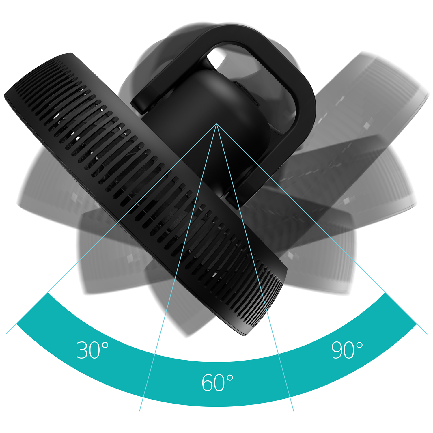 A black fan with a swing range indicator of 30°, 60°, and 90°.