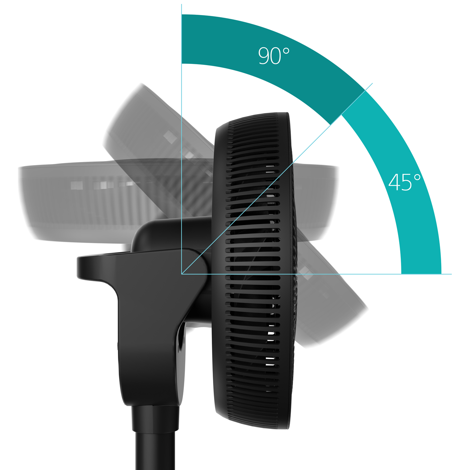 Black fan with adjustable head showing 45 and 90 degree angles.