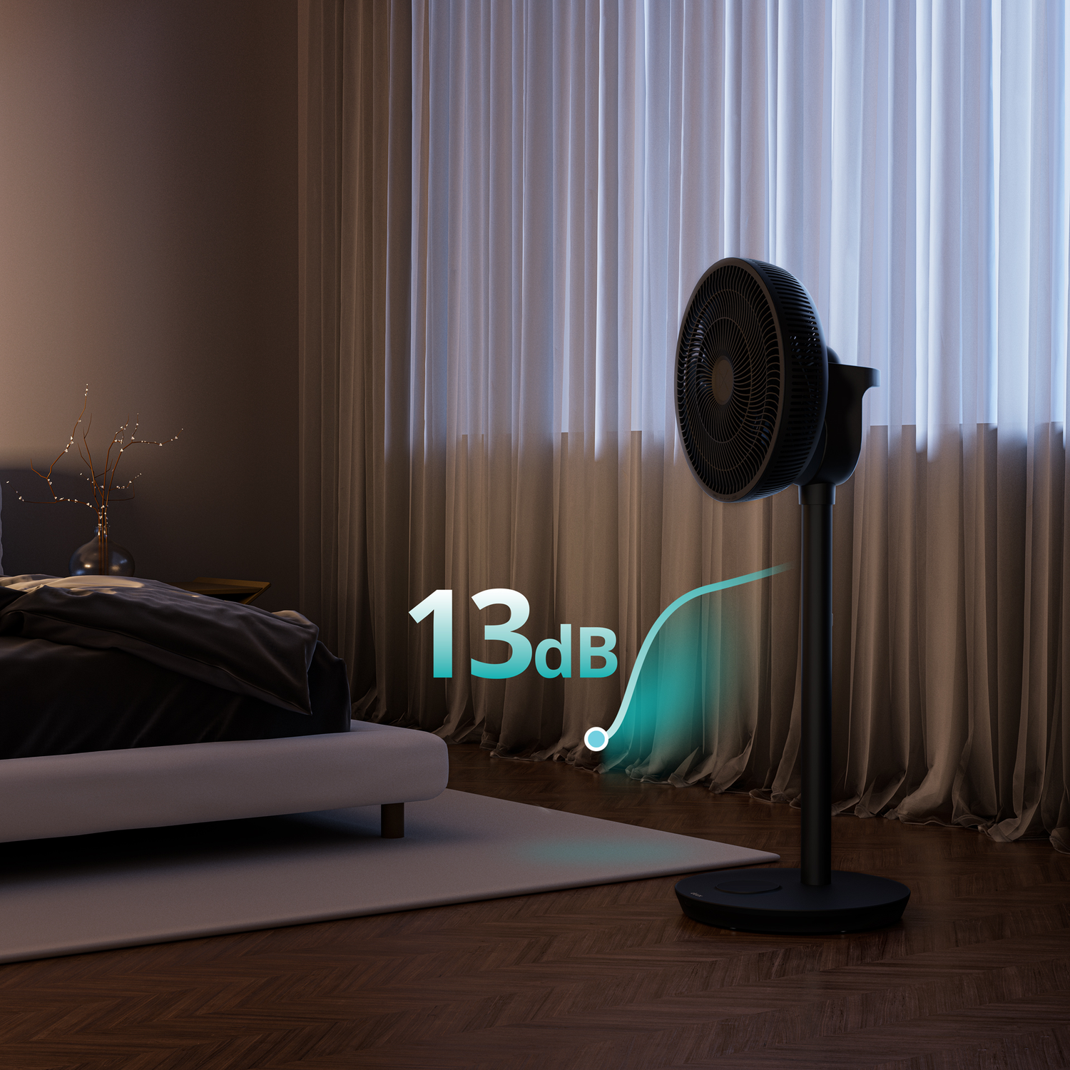 A black fan stands beside a bed, with a 13dB indicator.