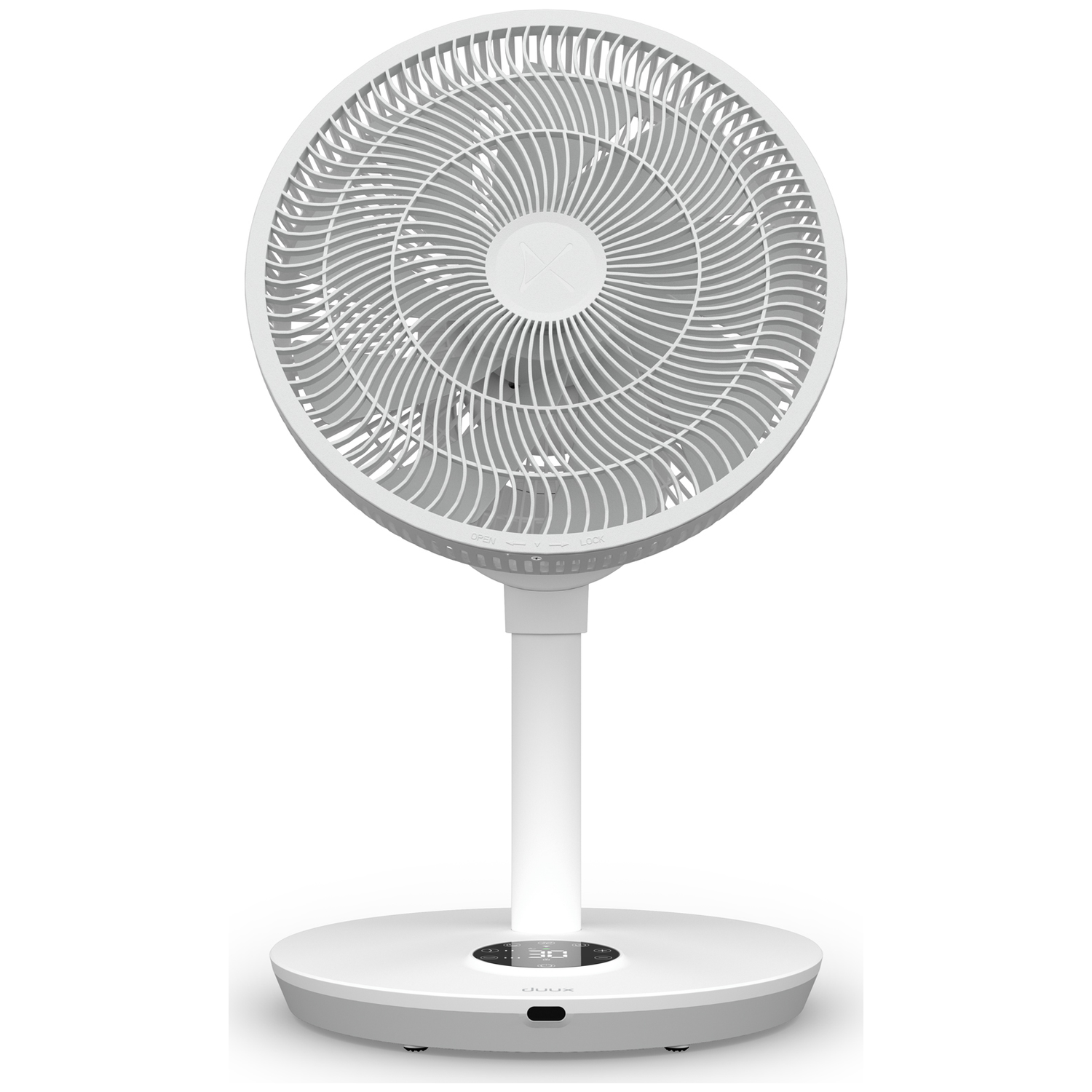 A white fan with a round base and digital display stands on a white background.