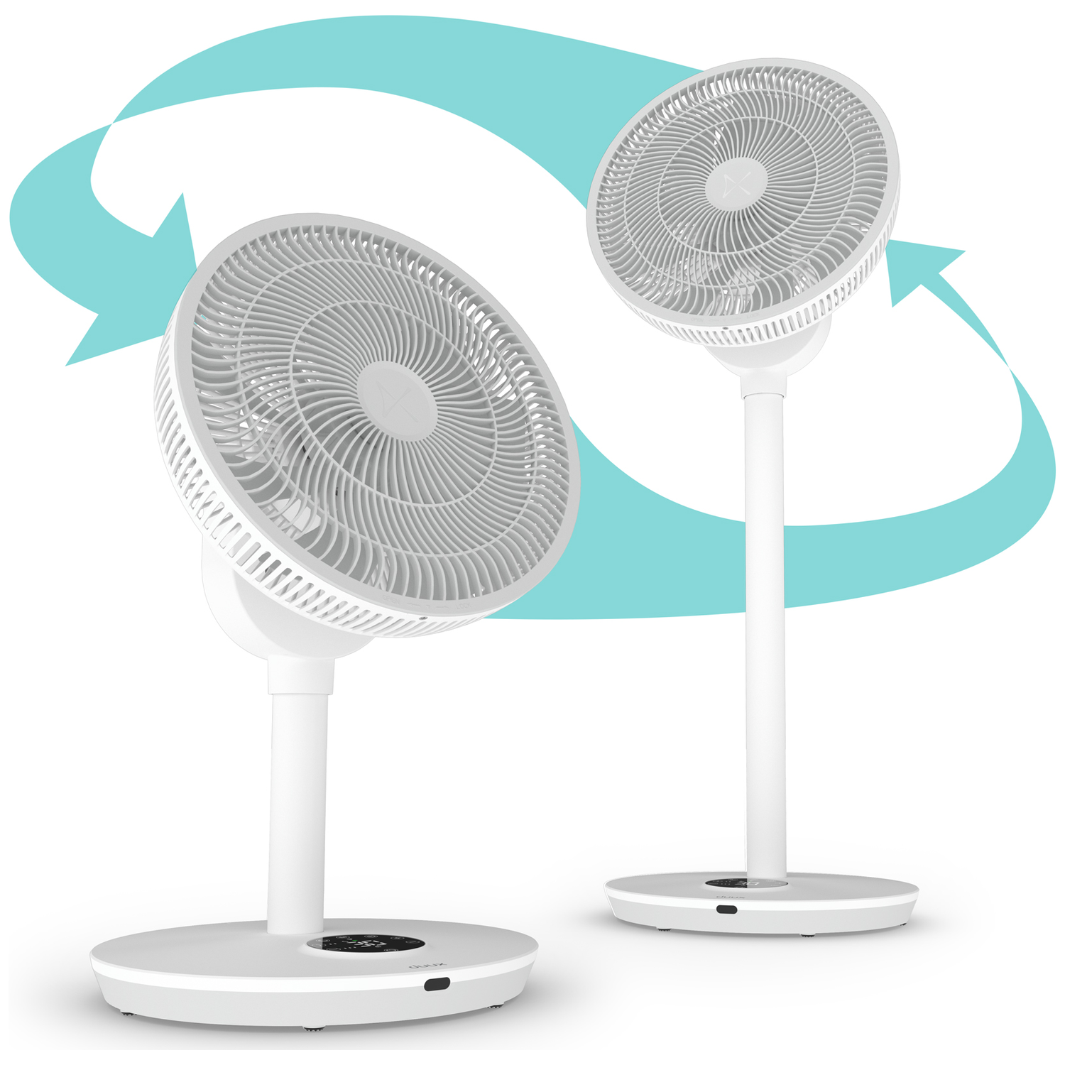 Two white oscillating fans are shown. A blue arrow indicates air circulation.