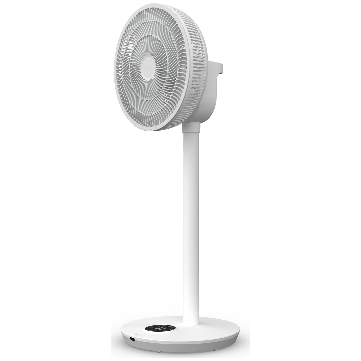 A white standing fan with a round head and grill on a white base.