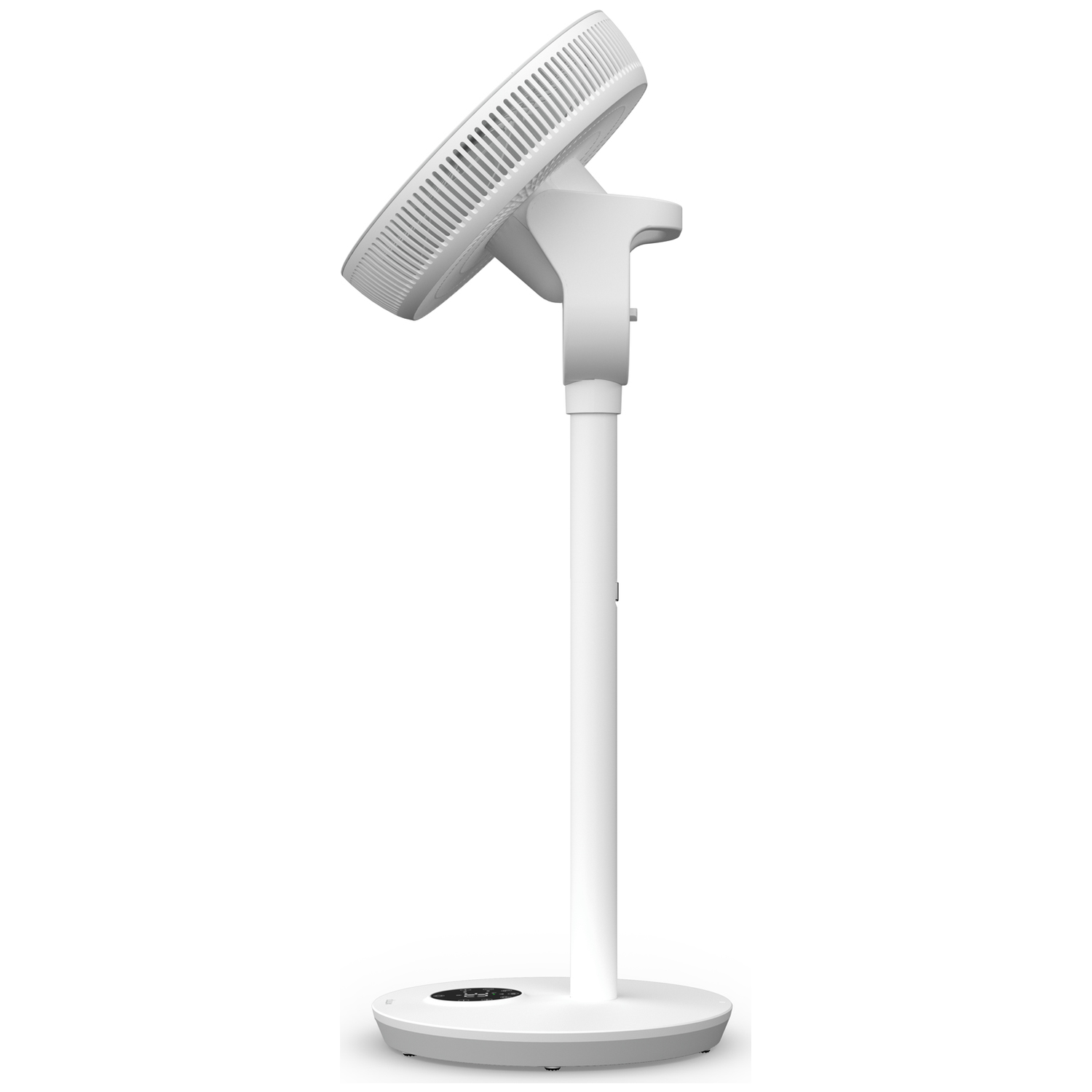 A white standing fan with a round base and adjustable head.