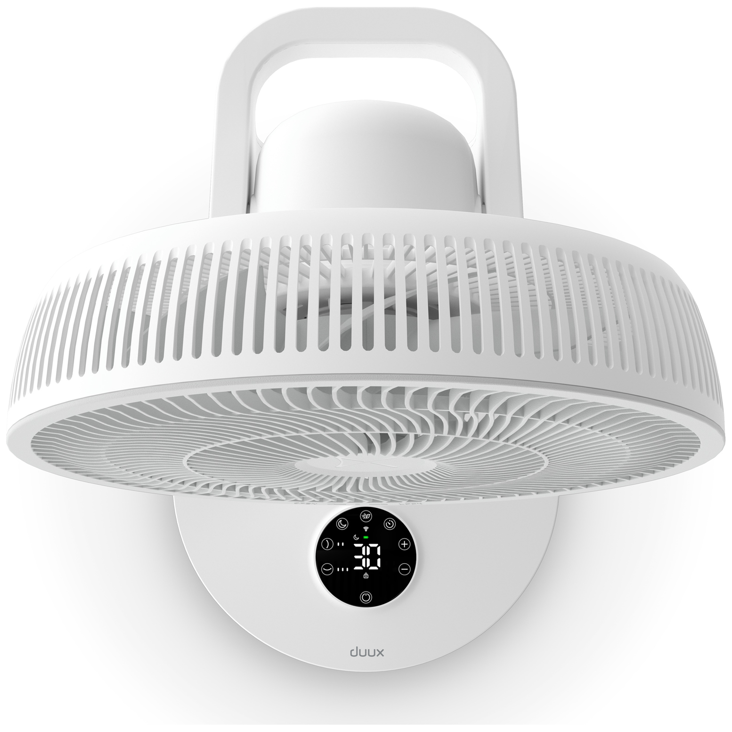 A white wall-mounted fan with a digital display and handle.