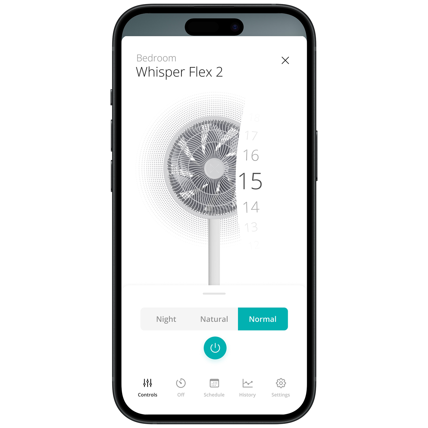 Phone screen showing Whisper Flex 2 fan controls. Speed 15 is selected.