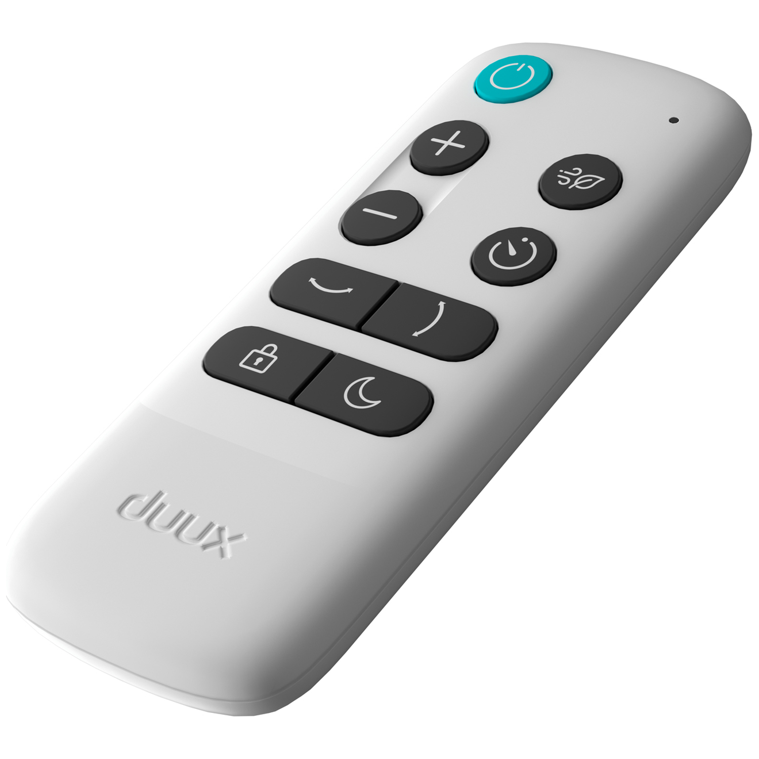 A white Duux remote control with black buttons: power, plus, minus, fan, lock, and moon icons.