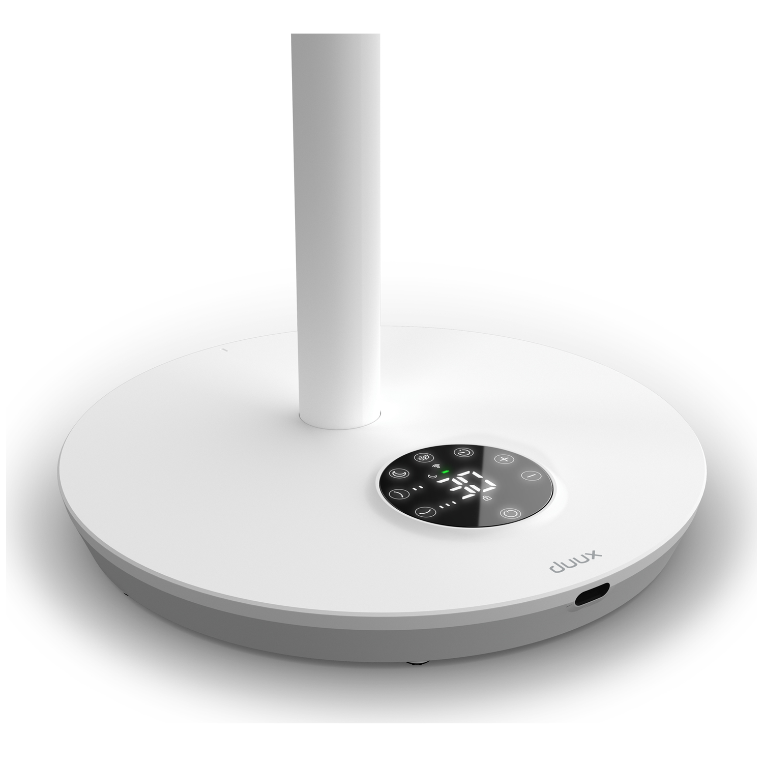 White base of a fan with digital display and controls.