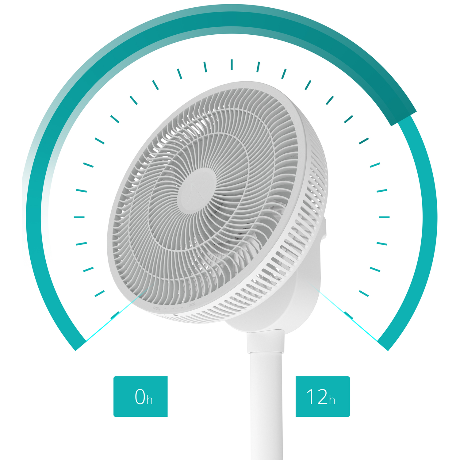 White oscillating fan with timer display 0h and 12h. Teal arc with markings.