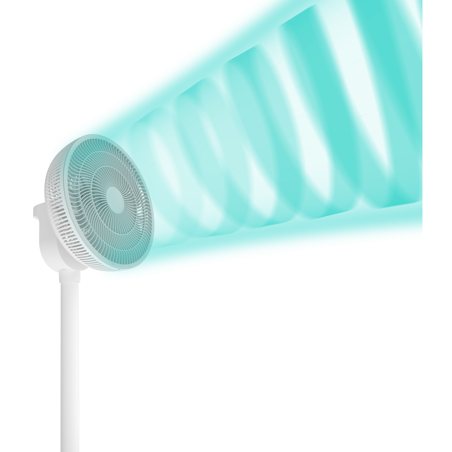 A white standing fan with blue air currents swirling to the right.