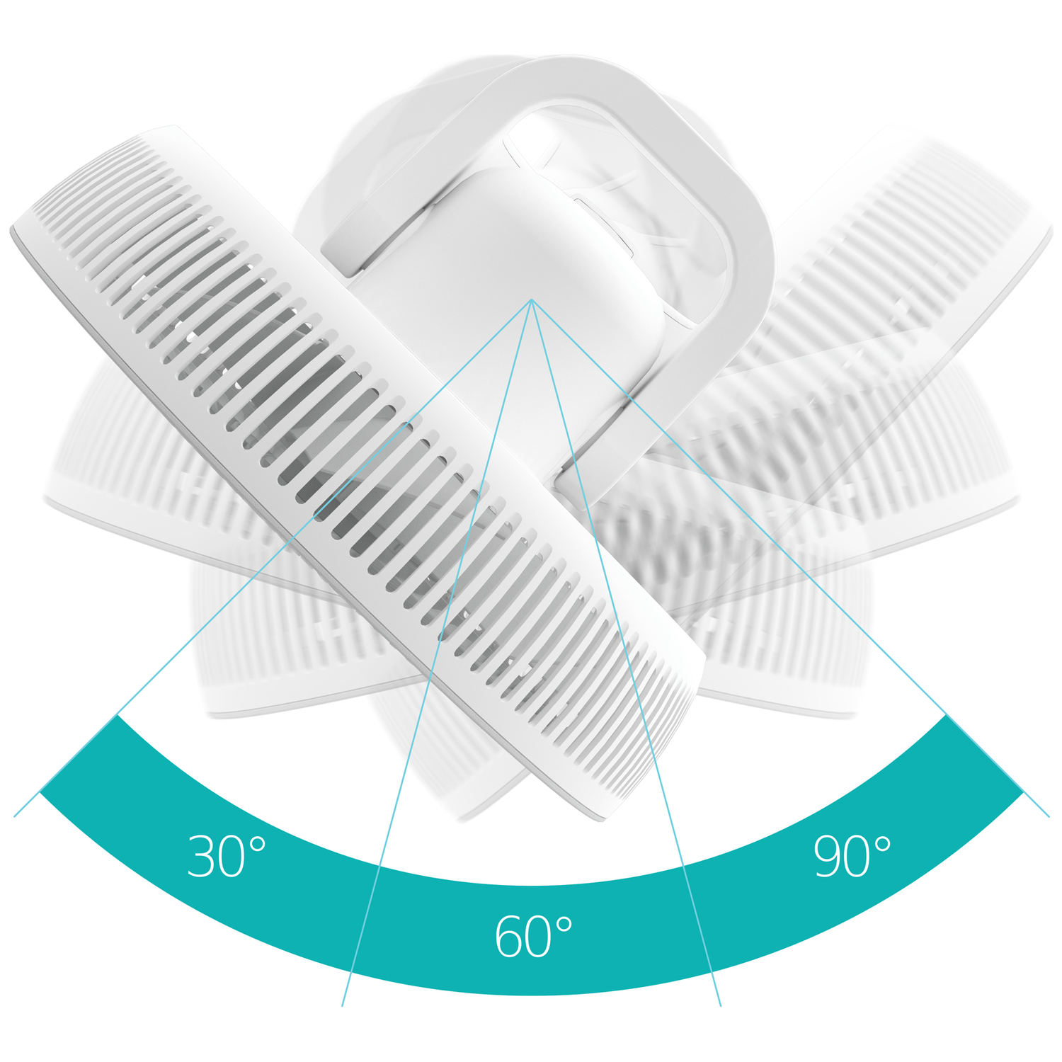 A white, adjustable three-blade ceiling fan is shown, advertising different angles.