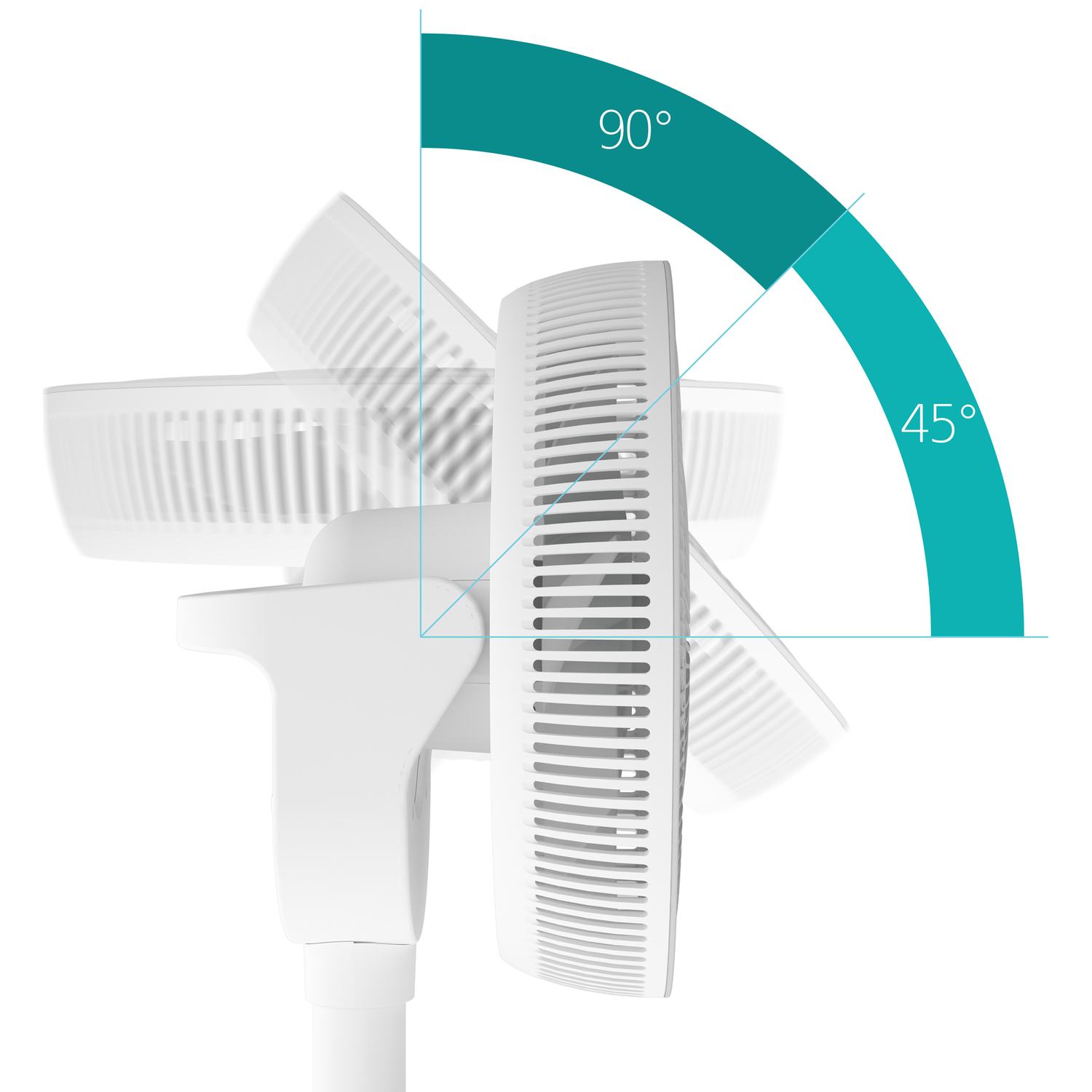 A white fan with a pivoting head, showing 45° and 90° angles.