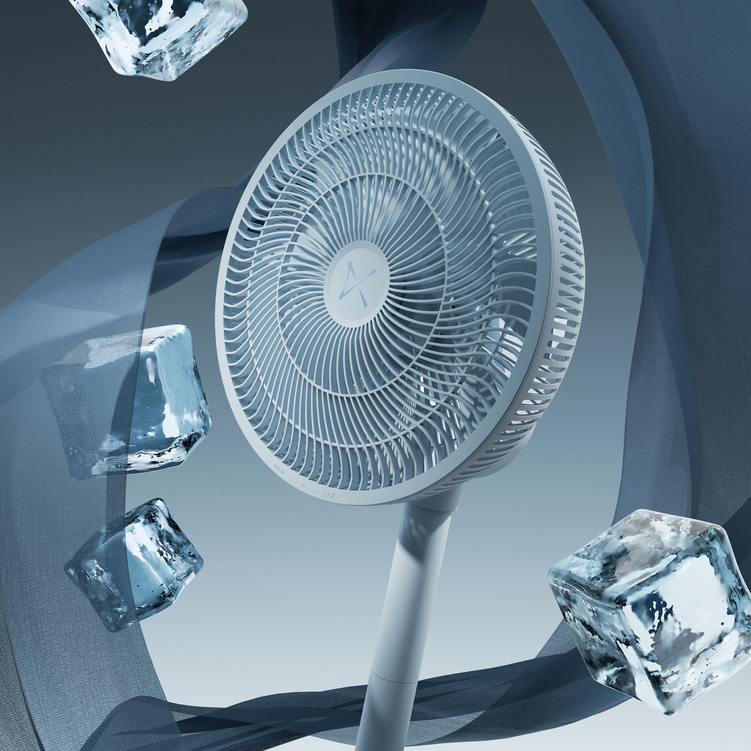 A white fan with ice cubes and blue fabric.
