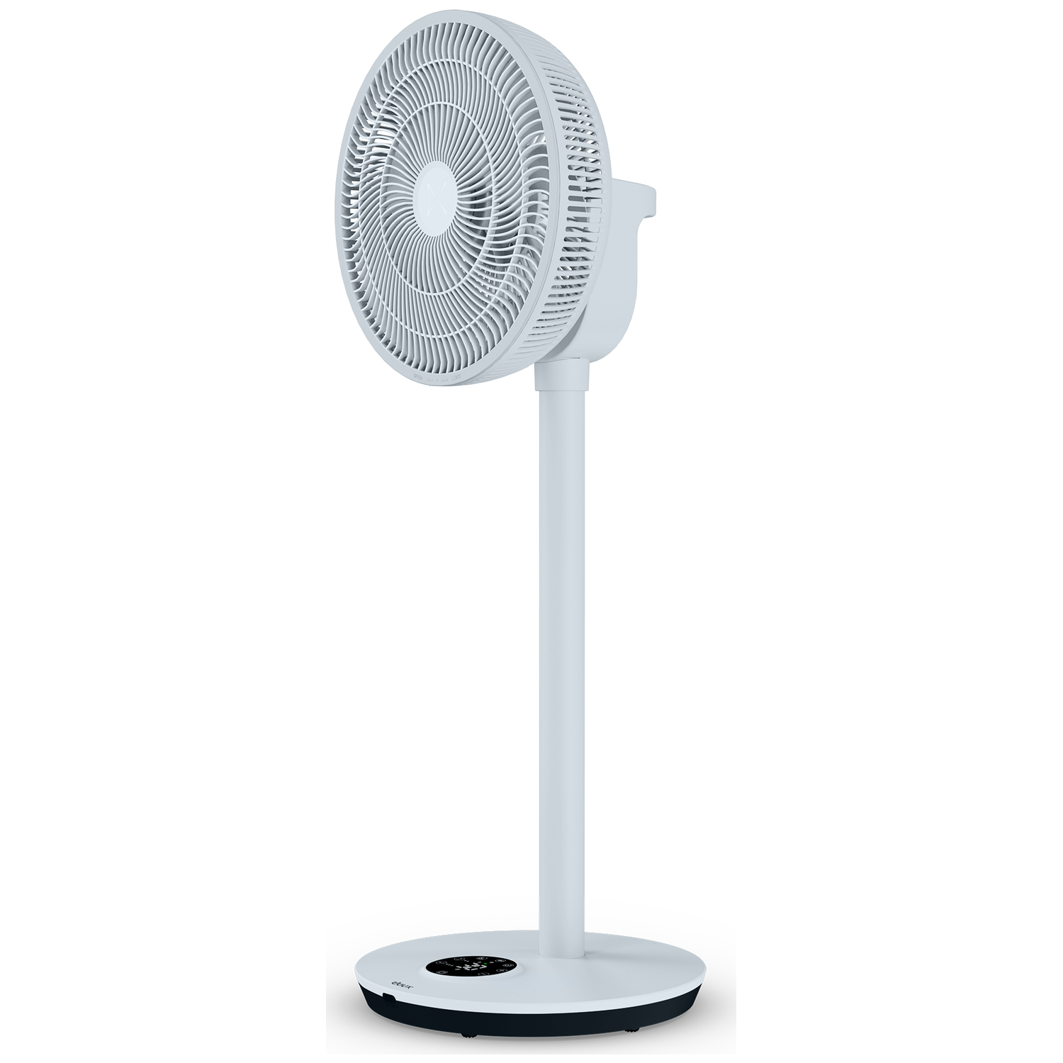 A white standing fan with a round head and a digital display on its base.