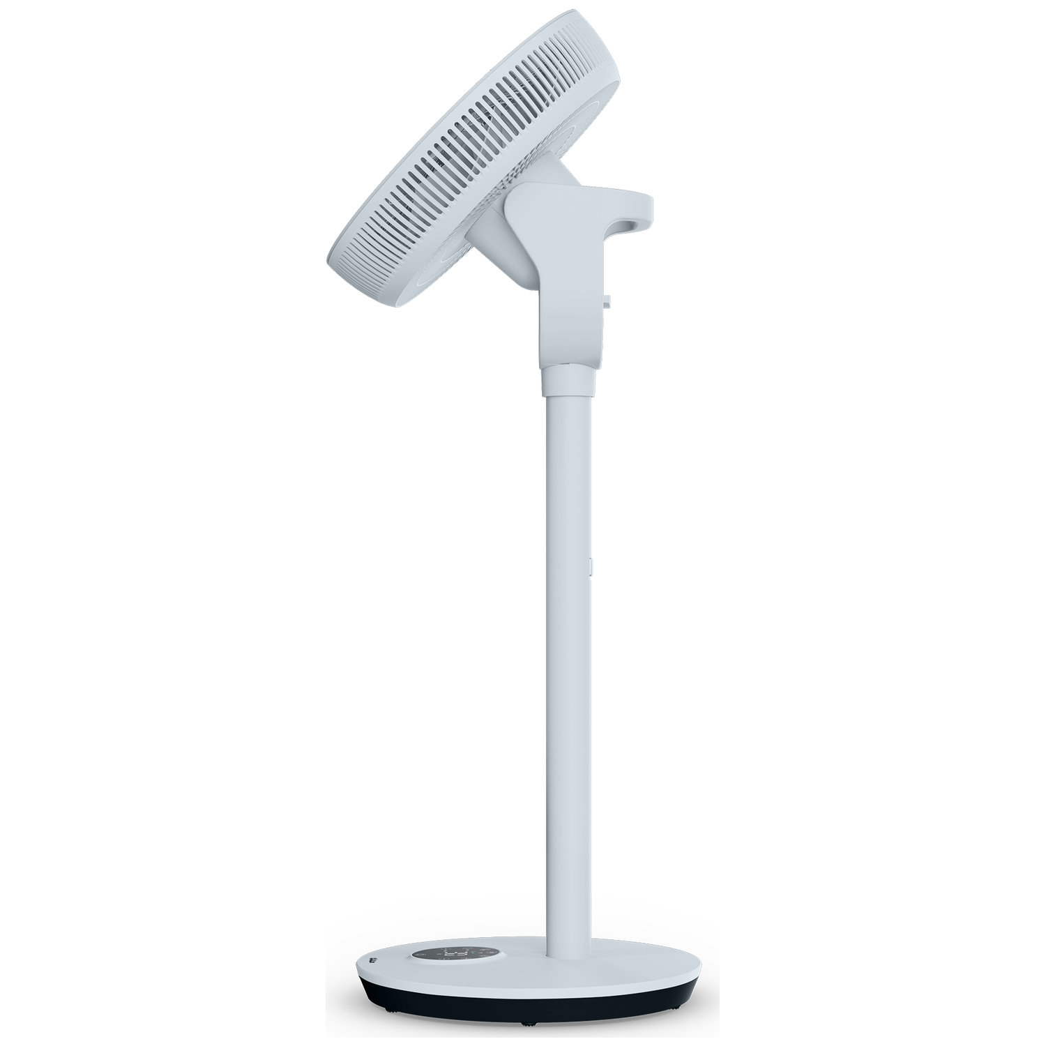 A white standing fan with a round base and adjustable head.