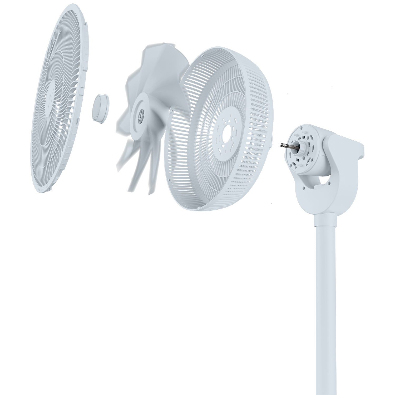 A white fan in parts, disassembled against a white background.
