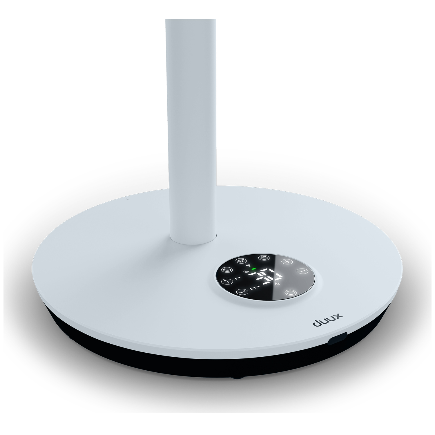 White base with digital display and fan icons. "duux" logo printed on it.
