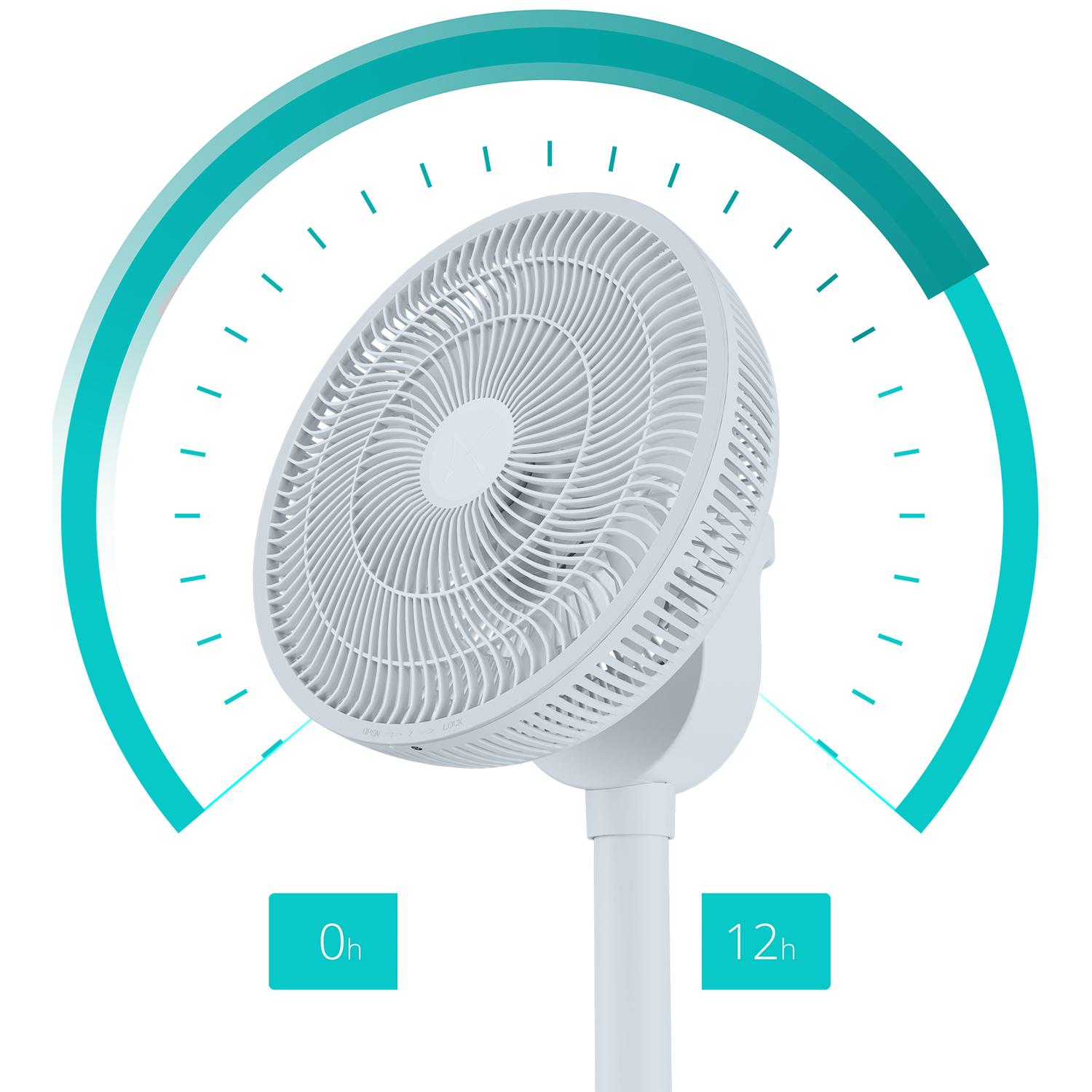 A white fan with a blue semi-circle and time markers.