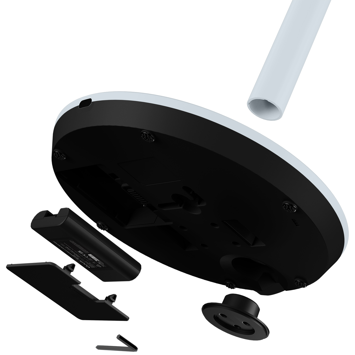 The inside of a black lamp base with removable parts: battery, cover, and tube.