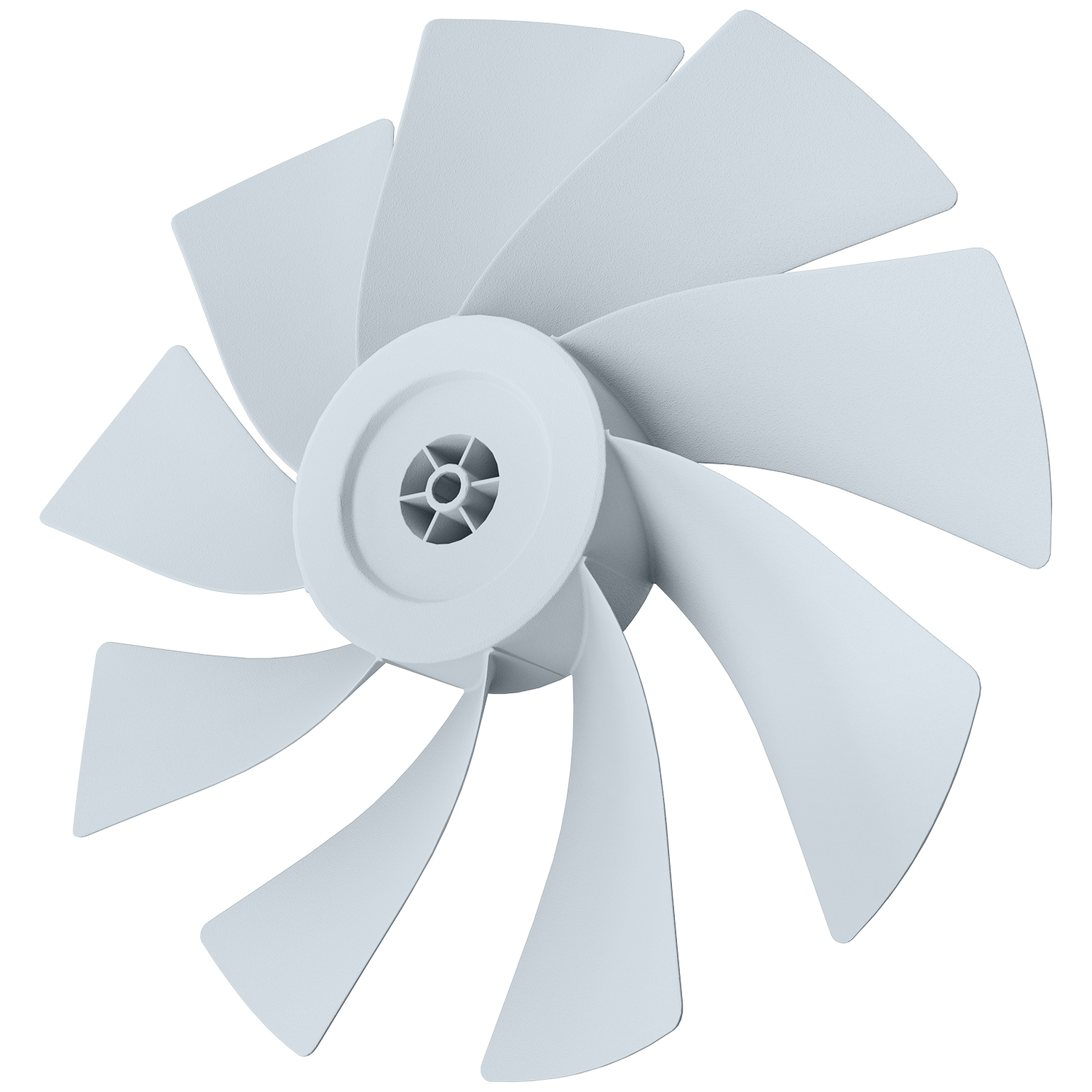 A white fan with ten curved blades extending from a central hub.