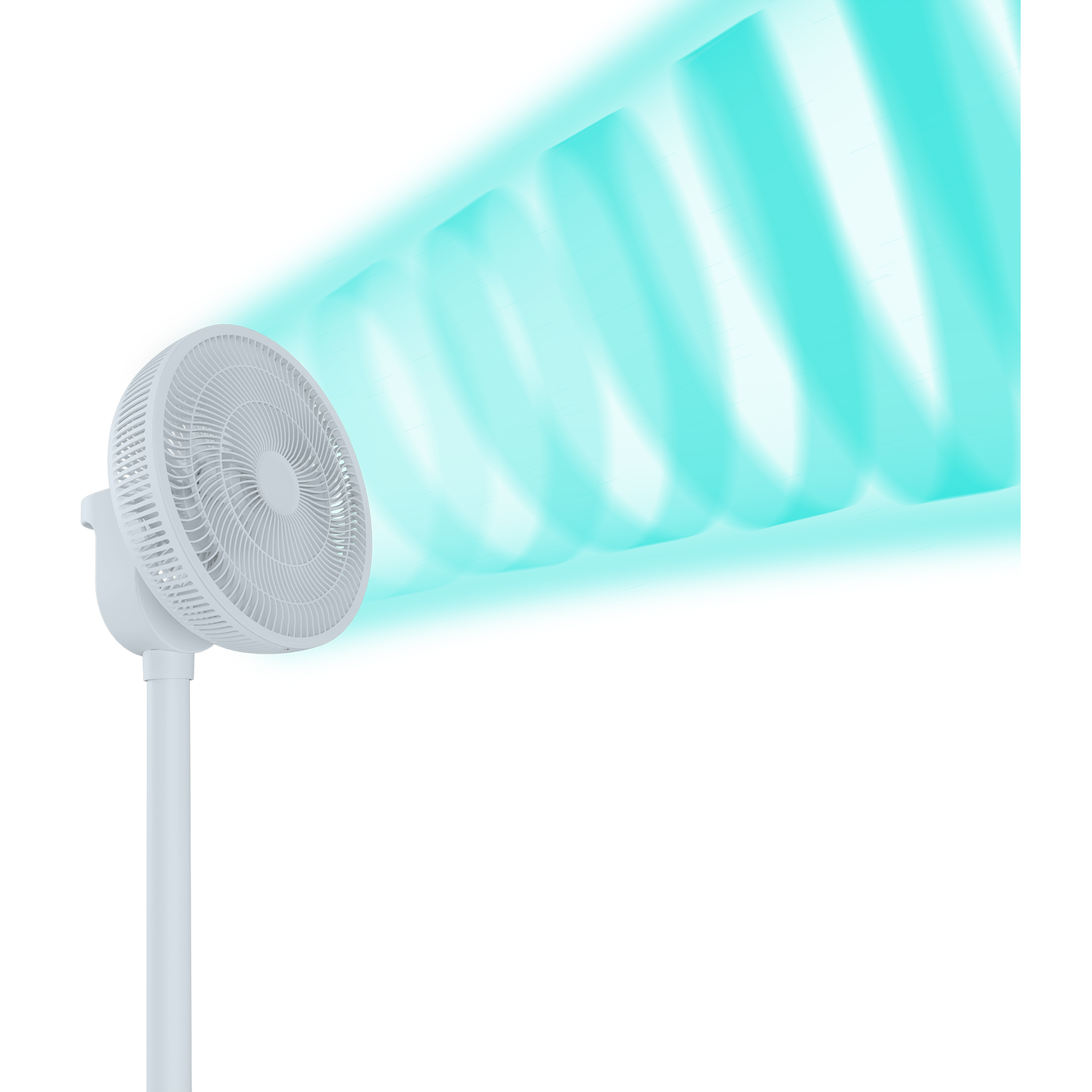 A white standing fan emitting a blue airflow that moves to the right.