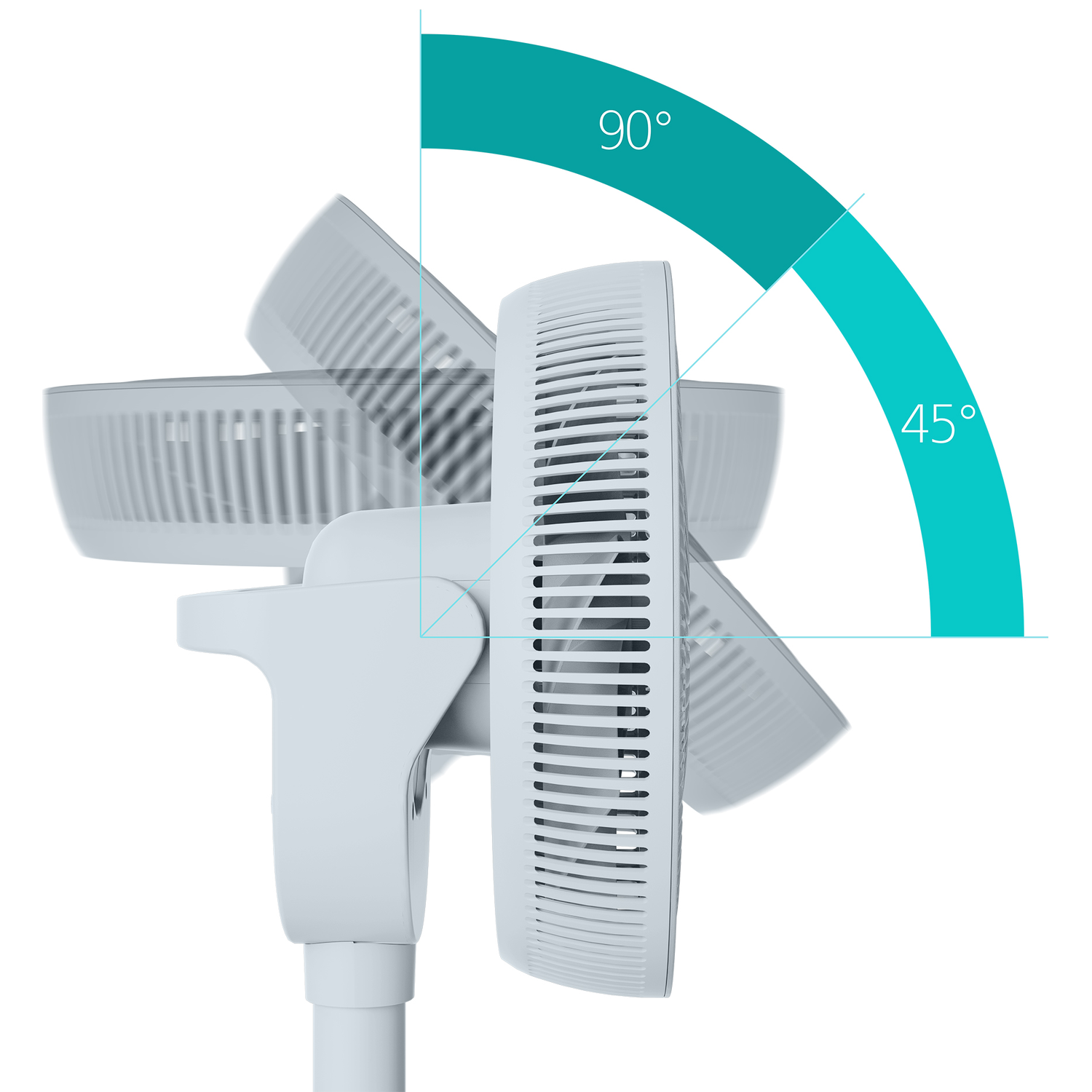 A white fan showing a 45° to 90° oscillation range.