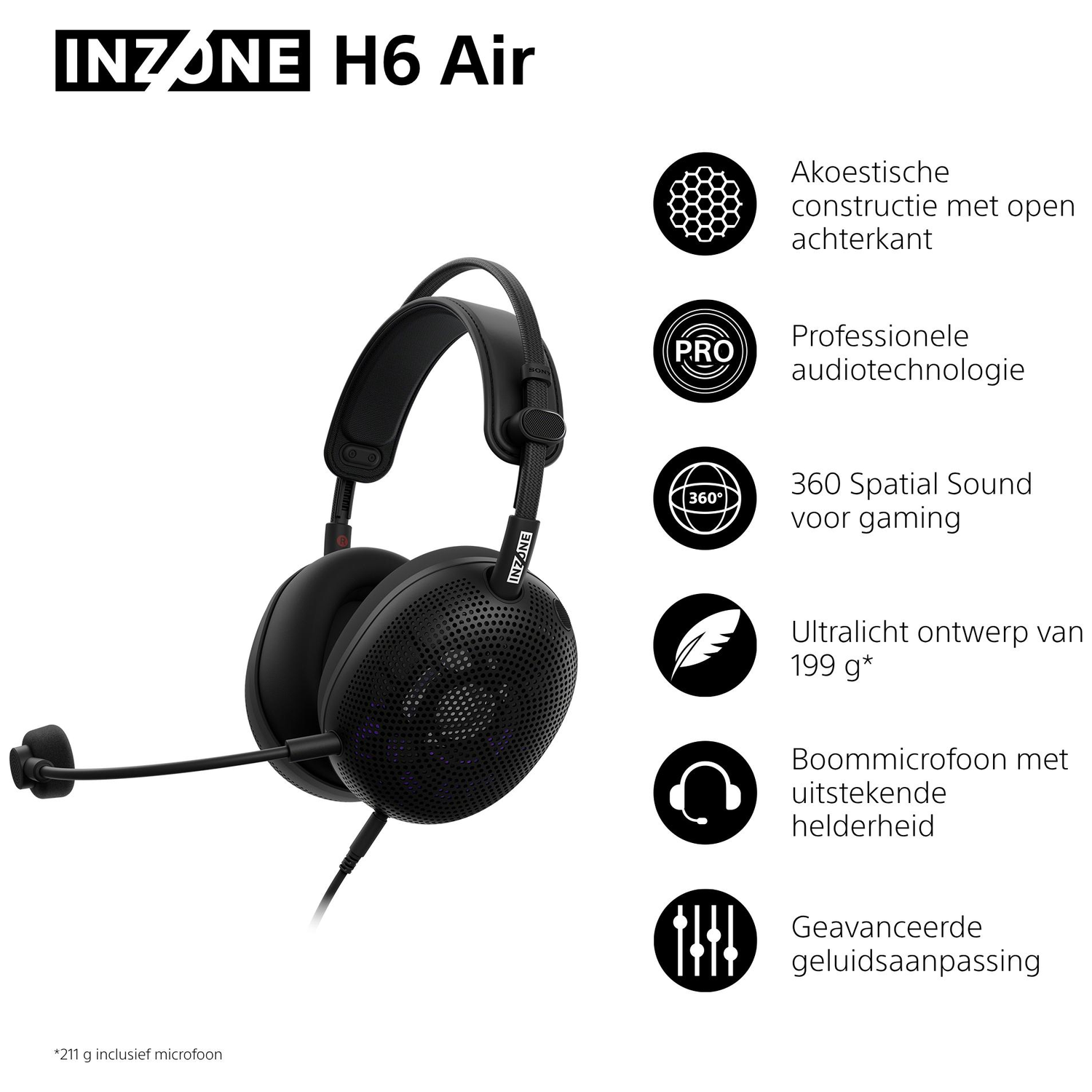 Zwarte koptelefoon met microfoon en Sony Inzone H6 Air logo. Kenmerken staan vermeld.