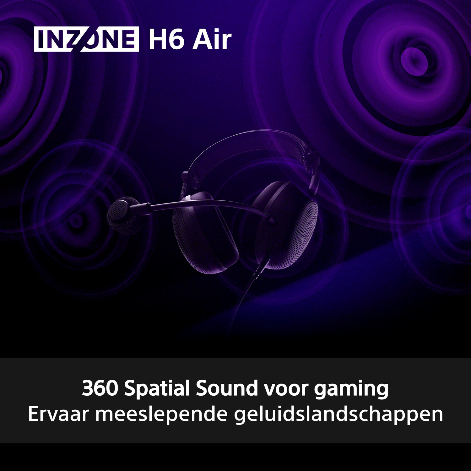 Een zwarte headset met microfoon tegen een paarse achtergrond met concentrische cirkels.