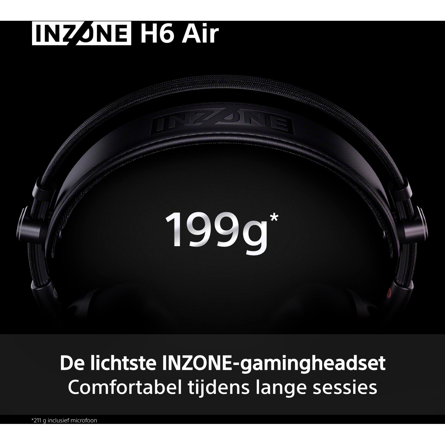 Zwarte INZONE H6 Air gaming headset. Weegt 199g.