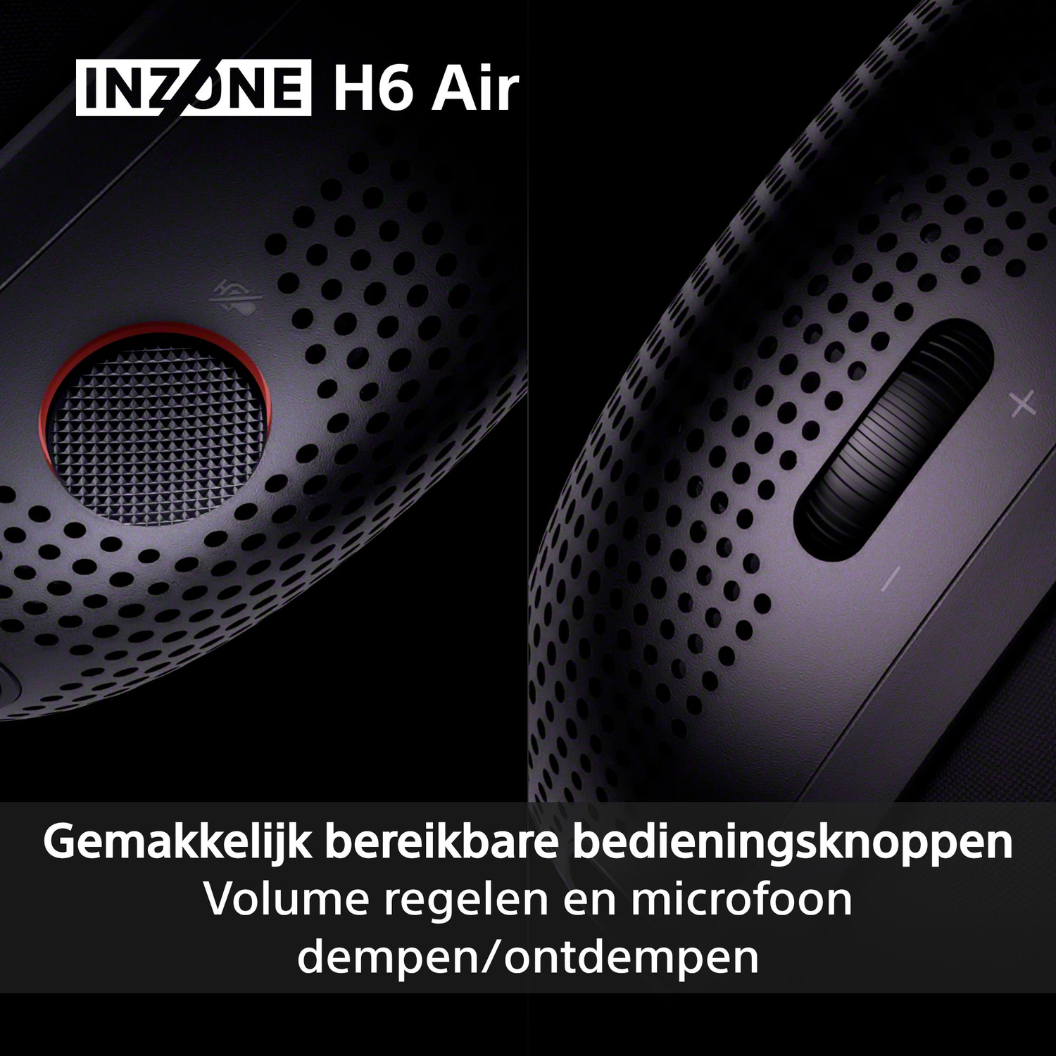 Zwart Inzone H6 Air headset detail met volumewiel en microfoon dempknop.