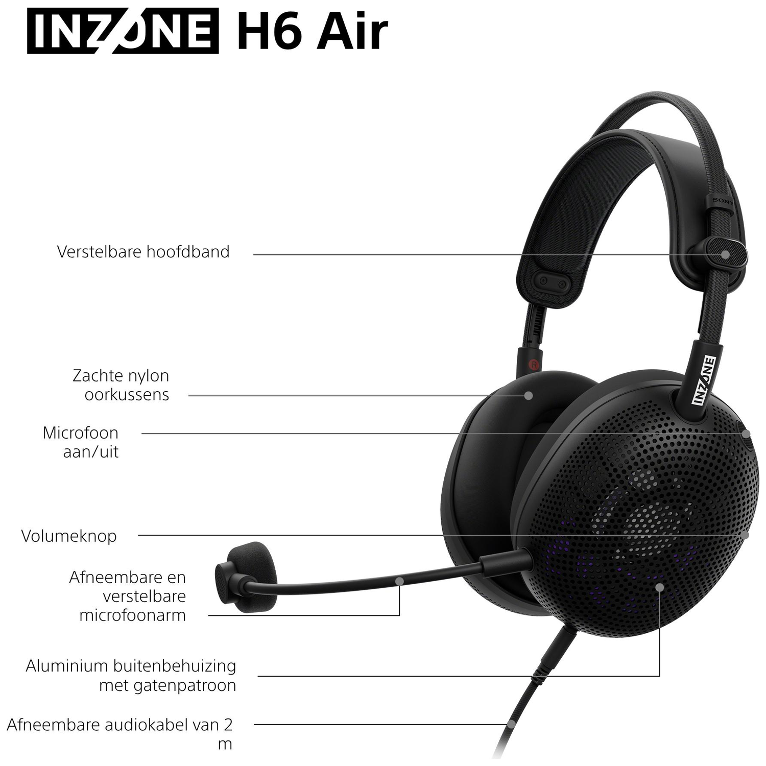 Zwarte INZONE H6 Air koptelefoon met microfoon en kabel.