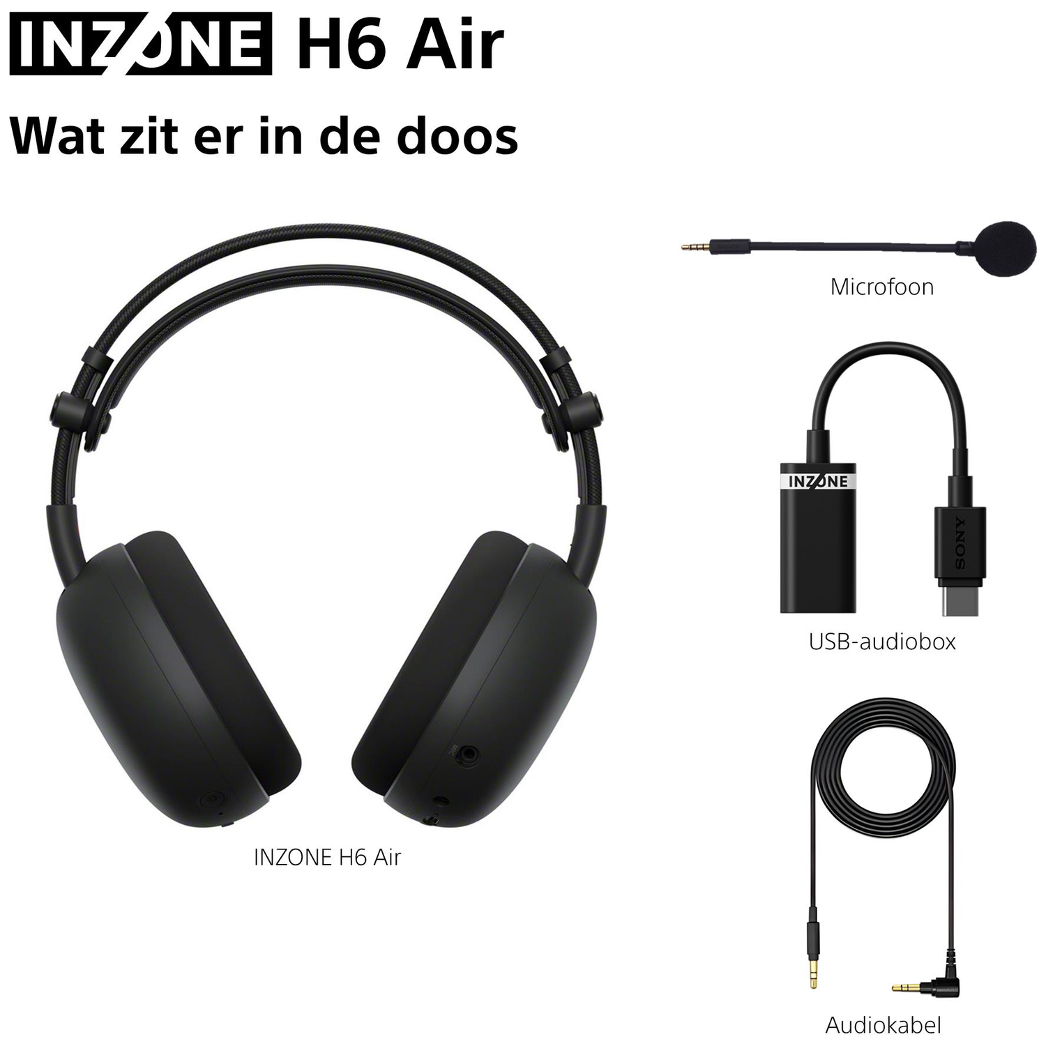 Zwarte koptelefoon, microfoon, USB-box en audiokabel op witte achtergrond.