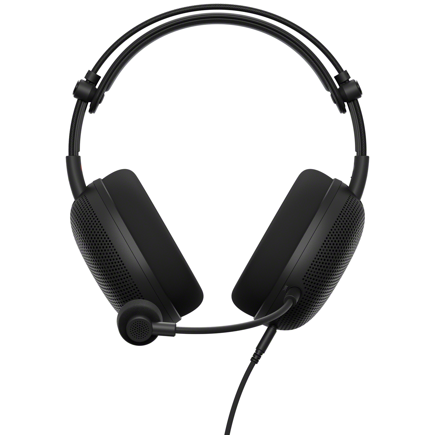 Zwarte koptelefoon met microfoon en kabel op witte achtergrond.