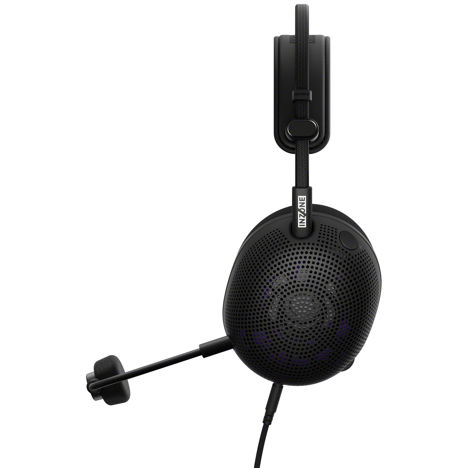 Zwarte headset met microfoon, Sony Inzone branding, geperforeerde oorschelpen.