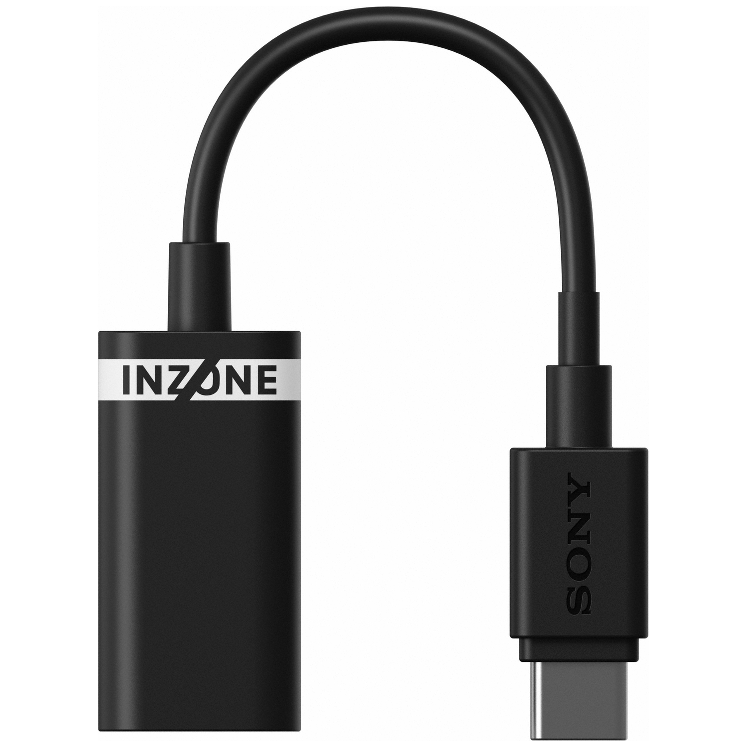Zwarte adapter met INZONE-logo en Sony USB-C-connector.