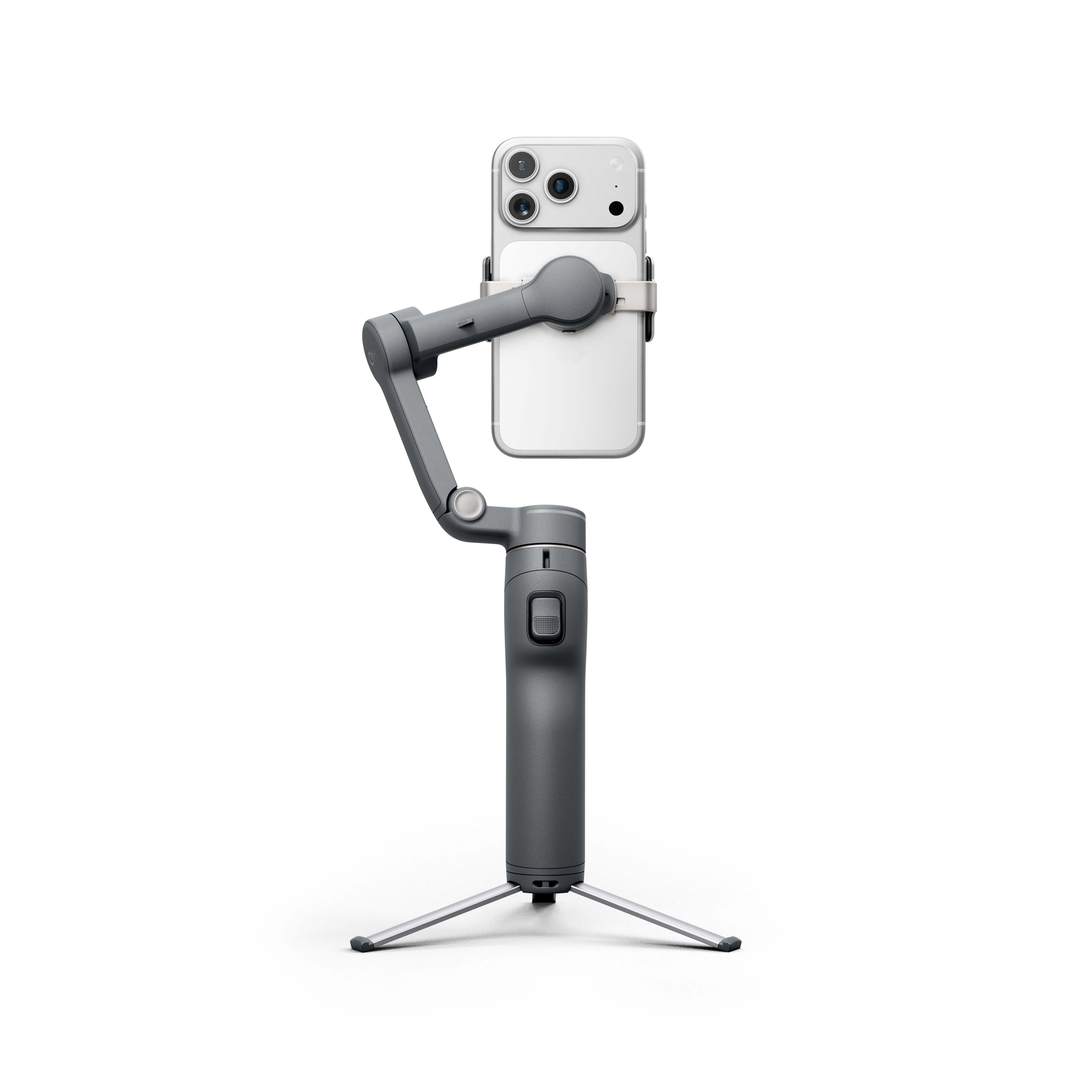 Egy szürke gimbal állványra szerelt fehér okostelefonnal.