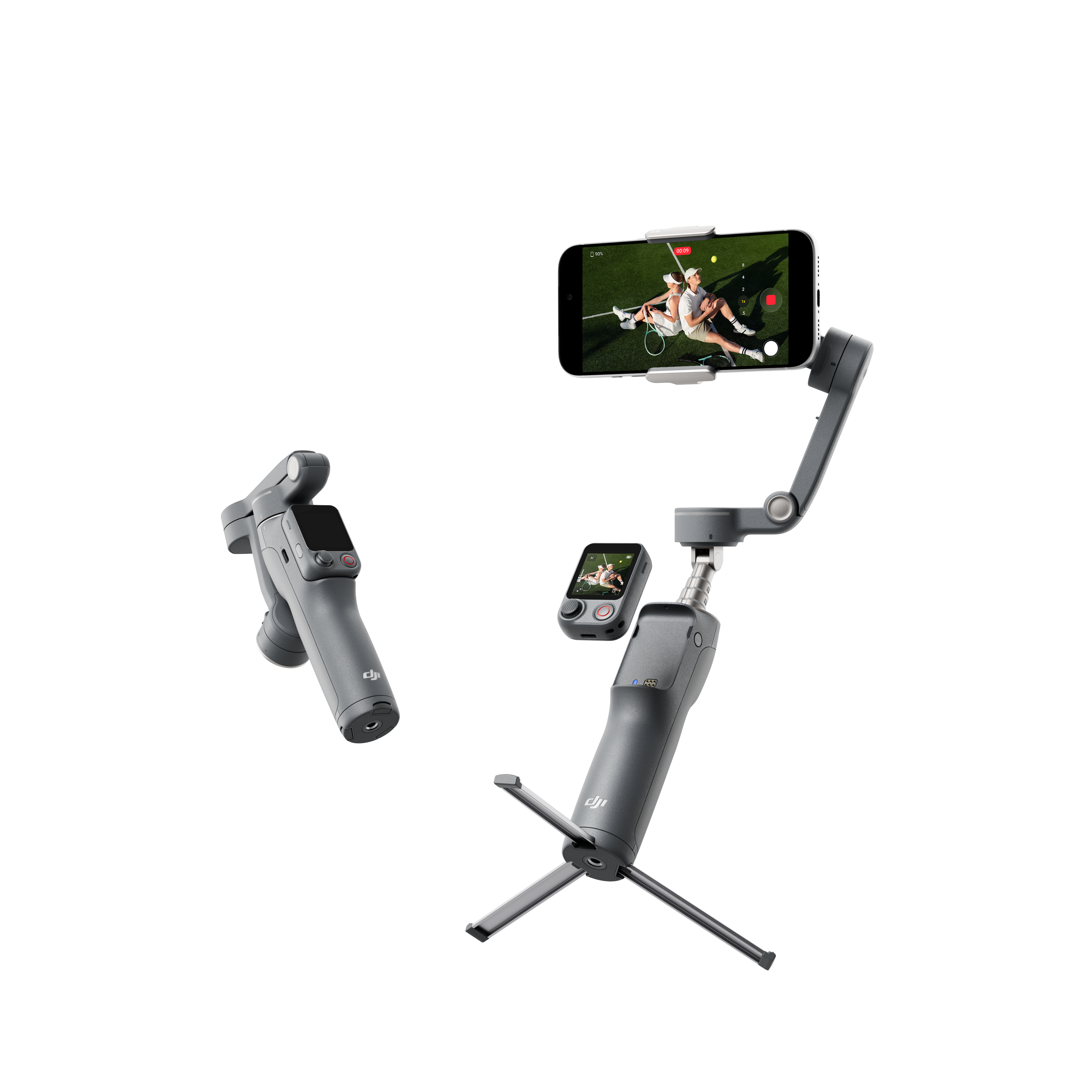 Szürke gimbal okostelefonnal, amely két teniszezőt és egy külön fogantyút mutat.