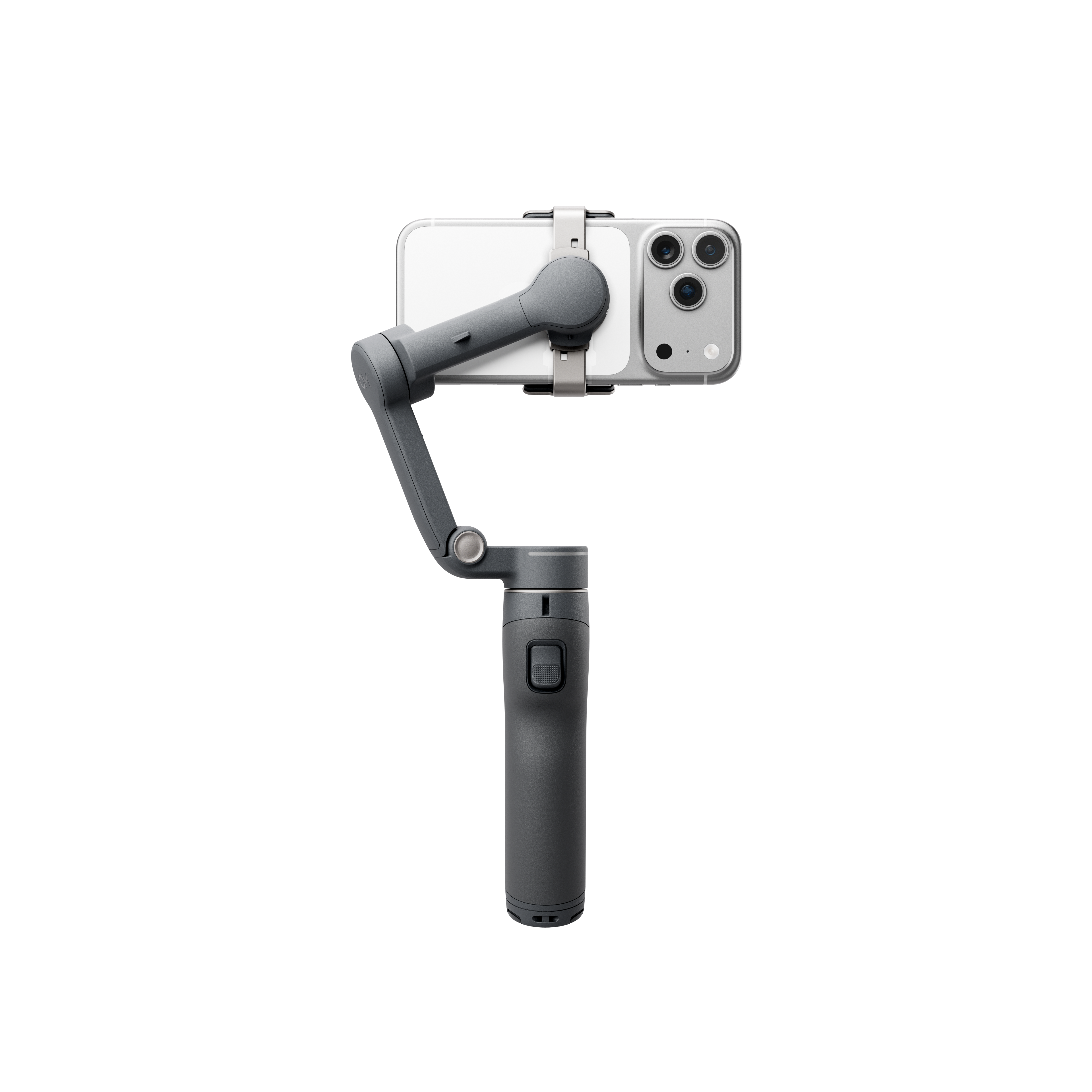 Egy szürke okostelefont egy gimbal stabilizátor tart, fekete háttéren.