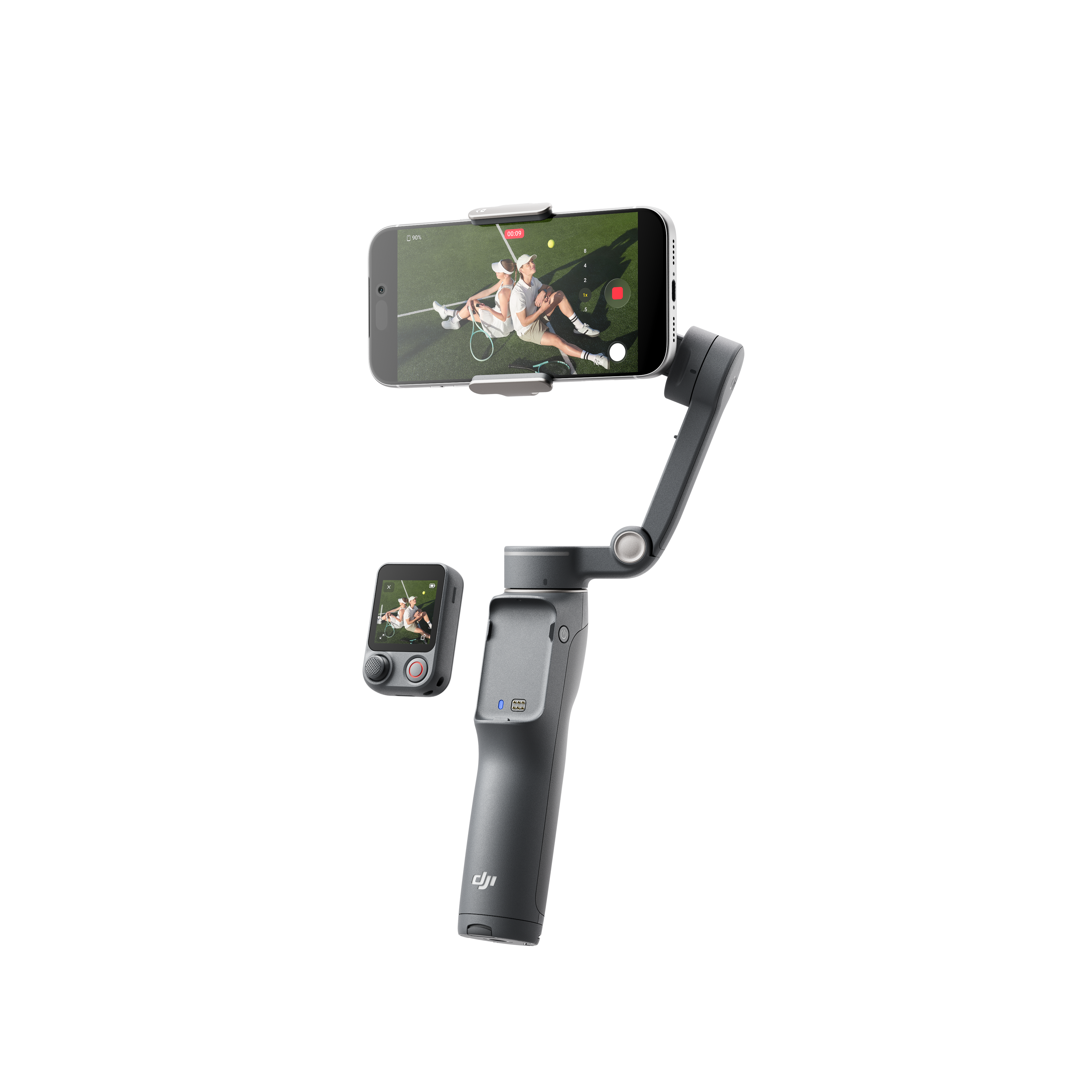 Okostelefon-gimbal távirányítóval fekete háttéren.