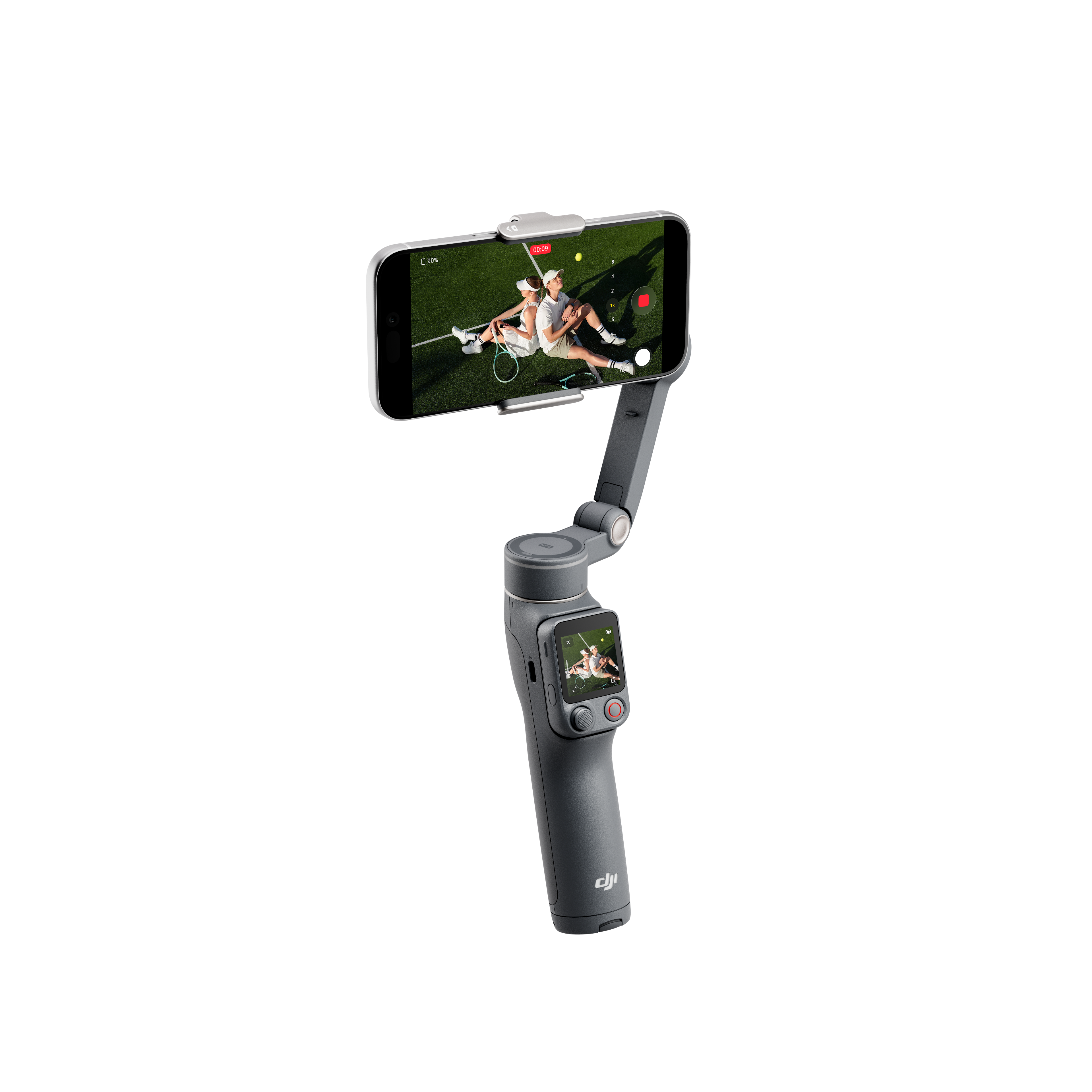 Okostelefon-gimbal képernyővel, amely két embert mutat teniszpályán ülve.