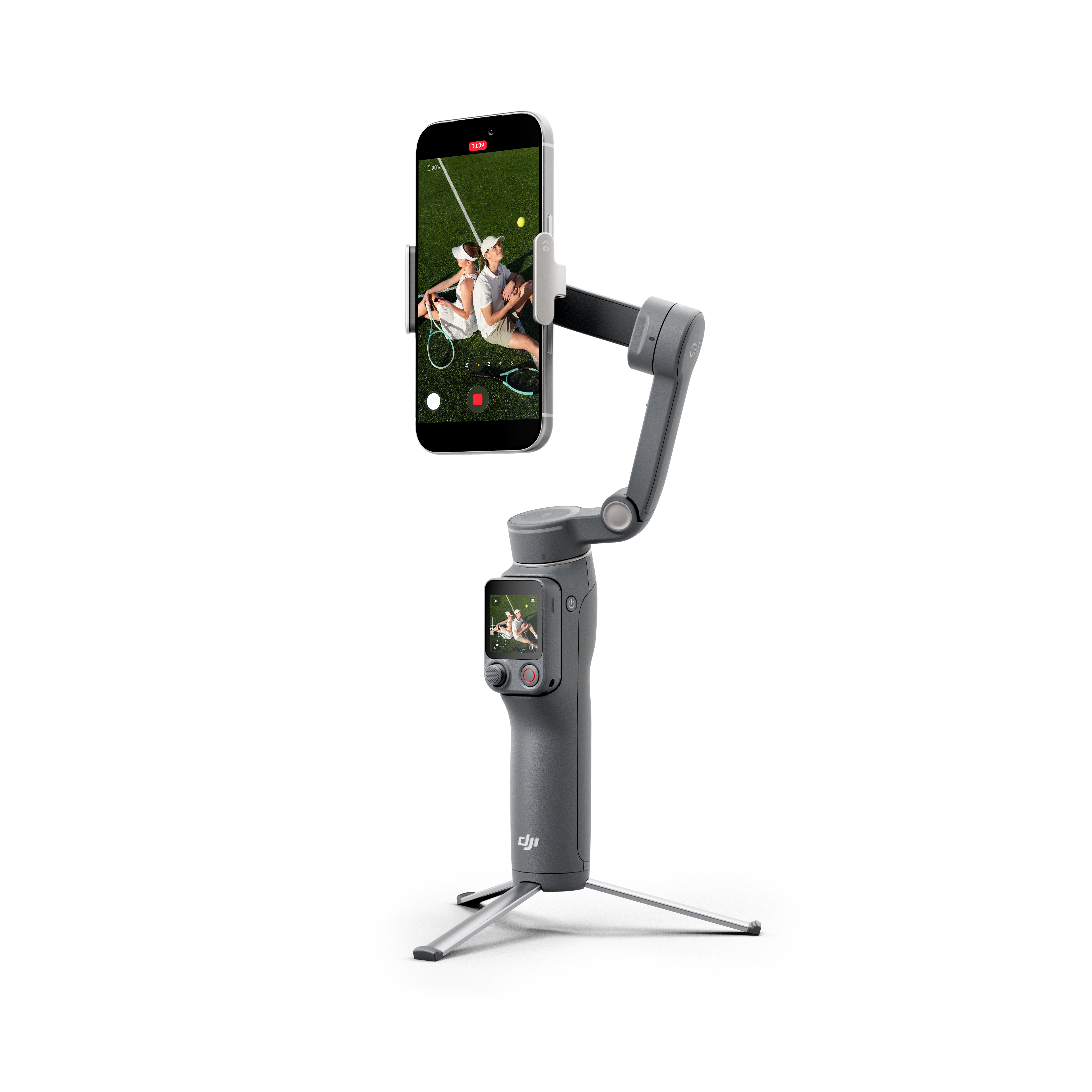 Szürke gimbal telefonnal, teniszezőket mutatva, fekete háttéren.