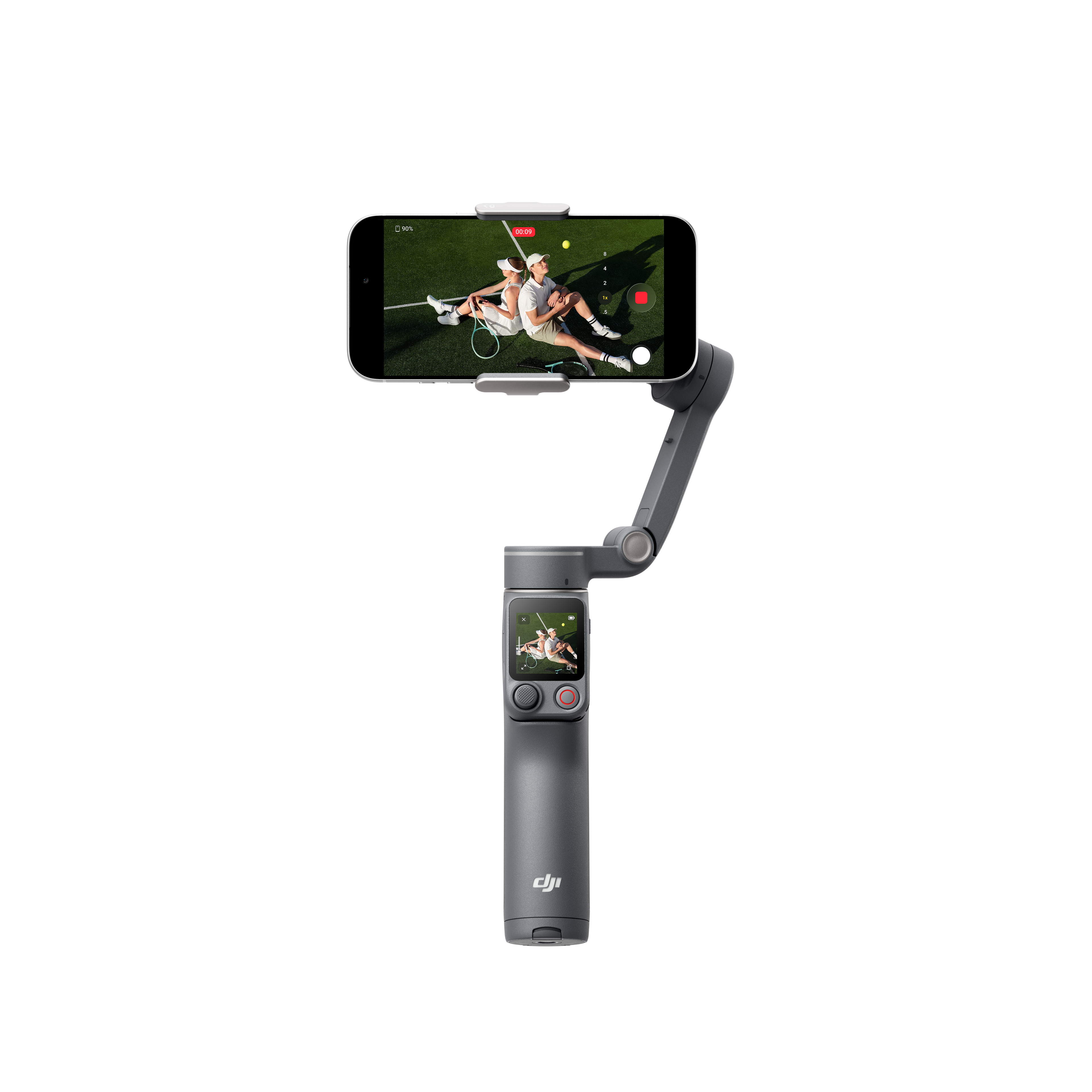 Szürke gimbal okostelefont tart, két teniszezőt mutatva.