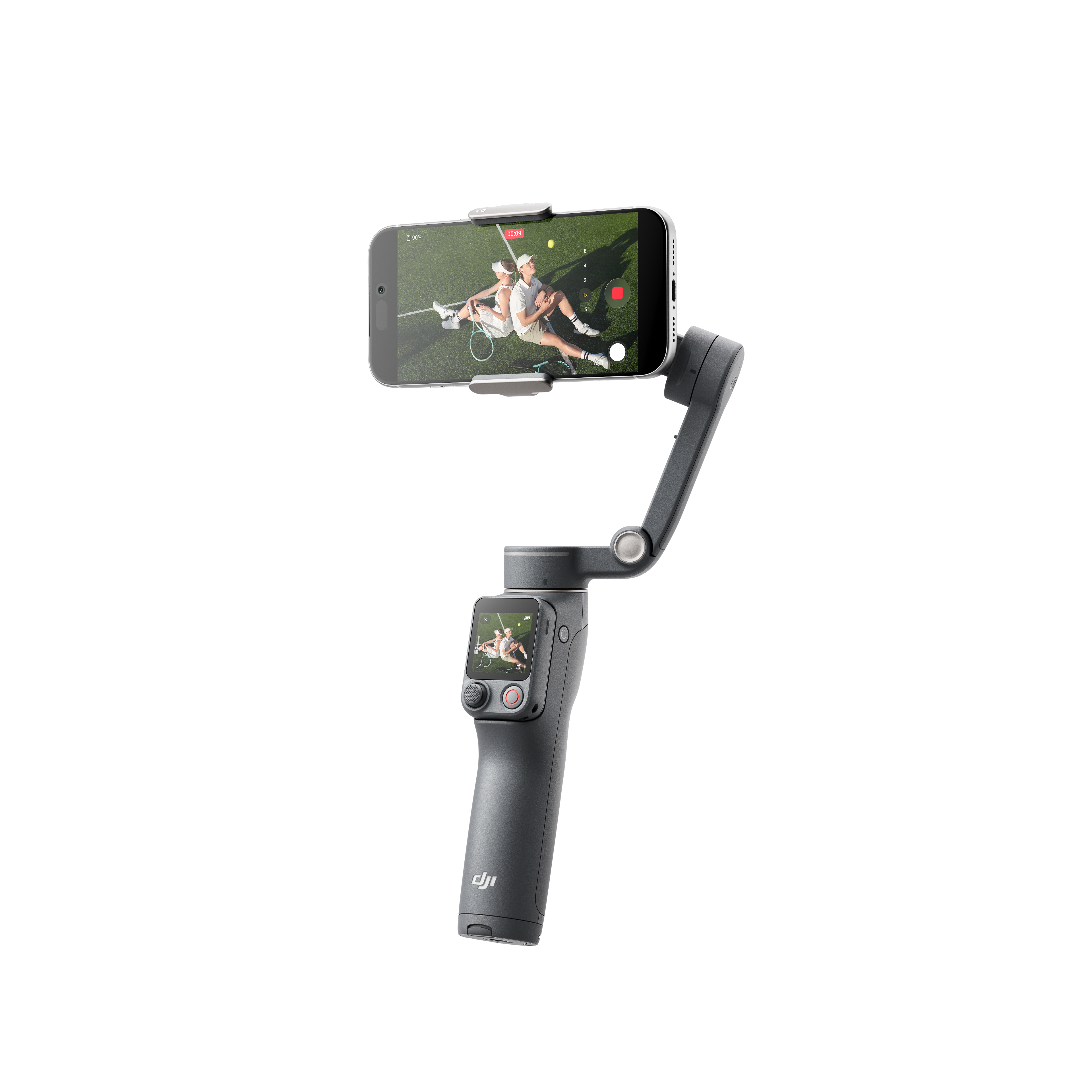 Egy szürke gimbal egy okostelefont tart, amely két embert mutat egy teniszpályán.