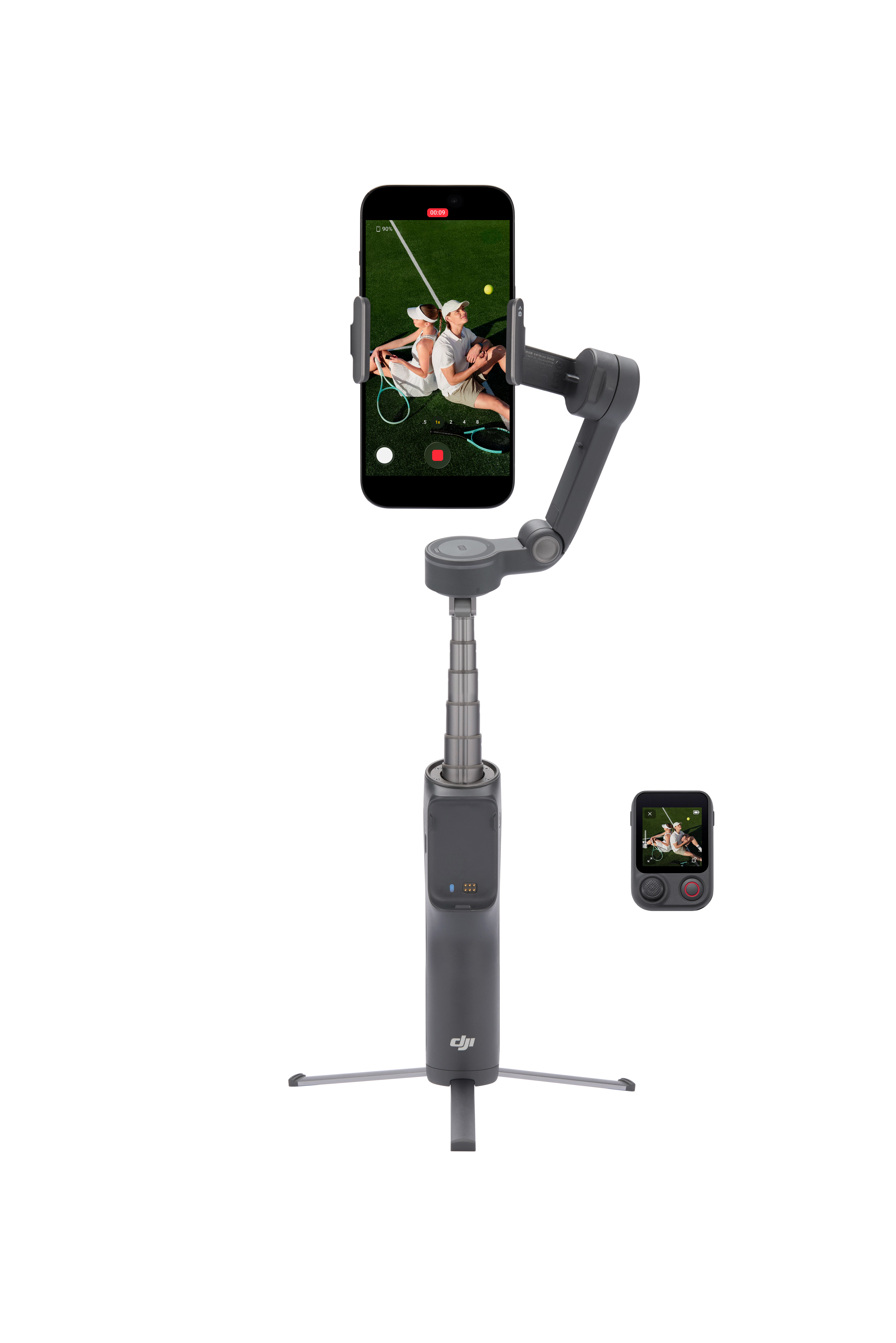 Szürke gimbal okostelefonnal, teniszező pár látható. Kicsi vezérlő mellette.