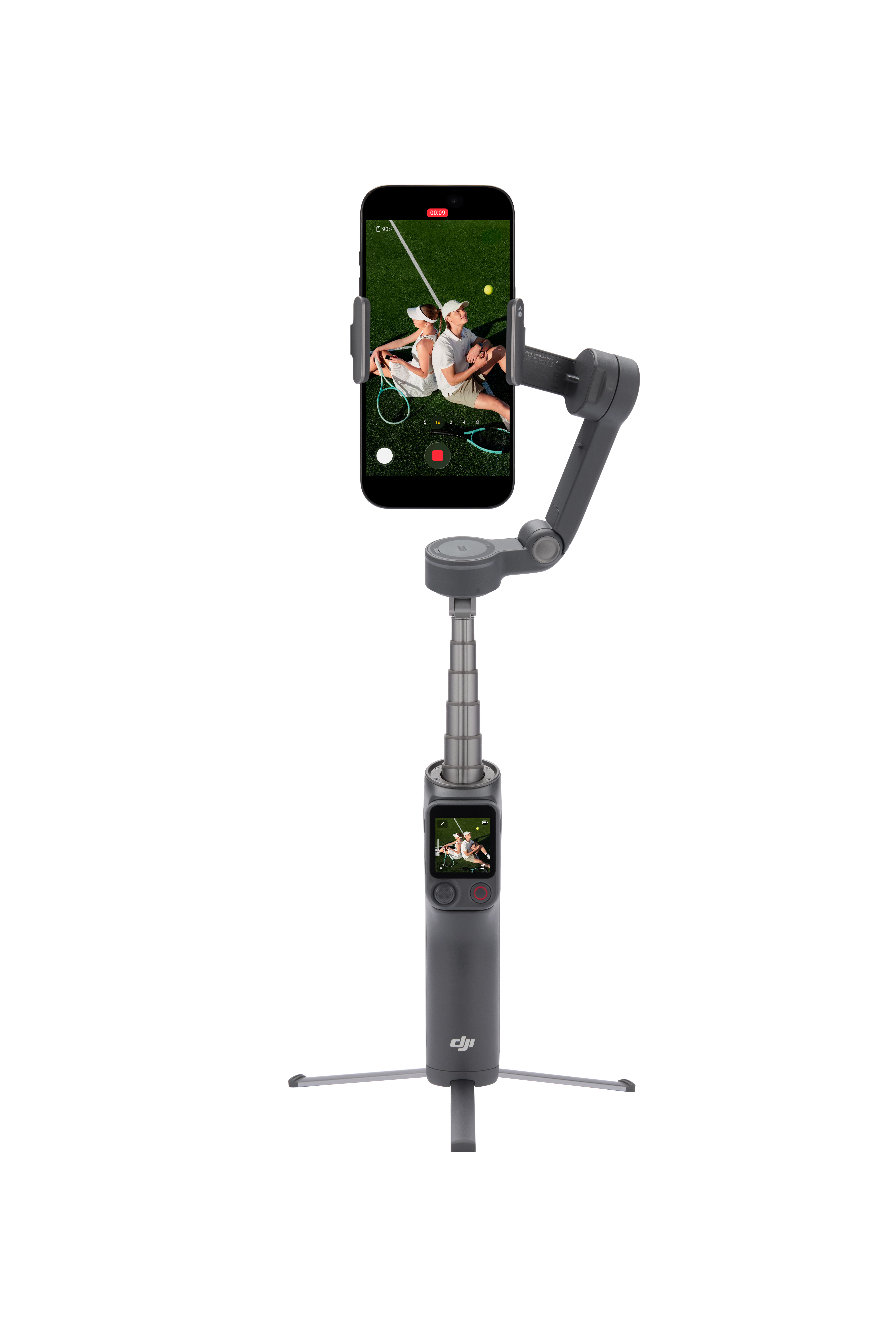 Szürke gimbal okostelefonnal, amely egy teniszpárt mutat egy pályán.