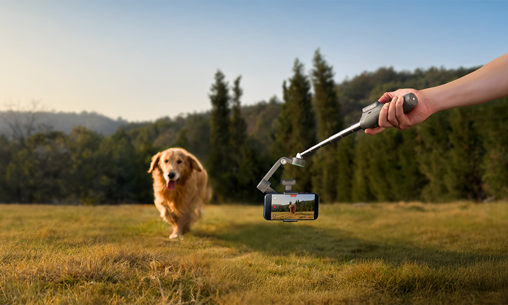 Golden retriever biegnie przez trawiasty teren, a gimbala ze smartfonem go filmuje.
