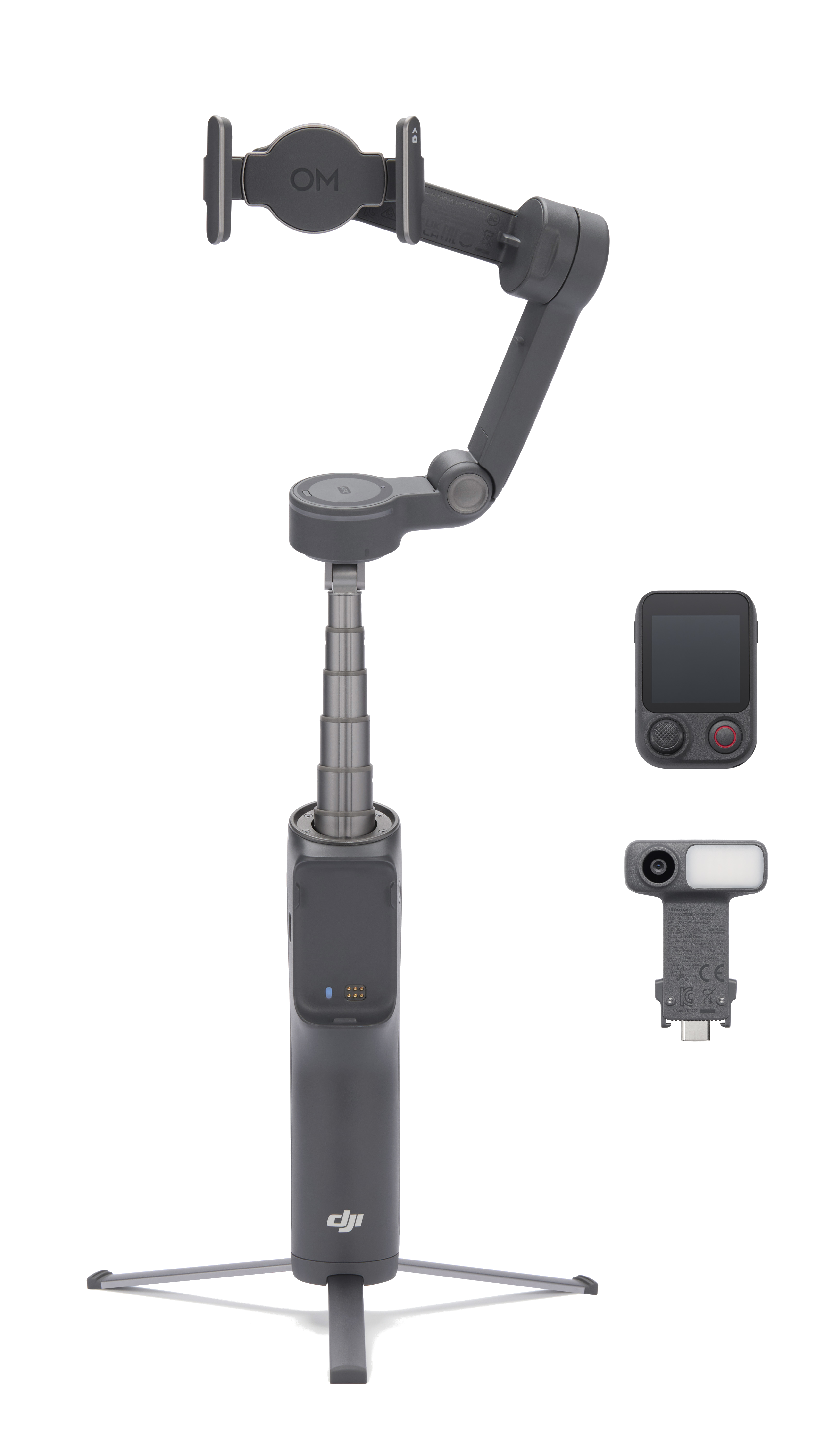 Ciemny gimbal z uchwytem na telefon, wysuwanym ramieniem, statywem i akcesoriami.