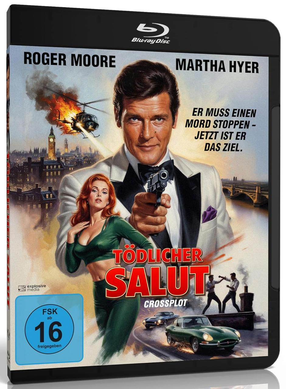 Roger Moore und Martha Hyer auf Blu-ray-Cover, mit Helikopter, Autos und Explosionen.